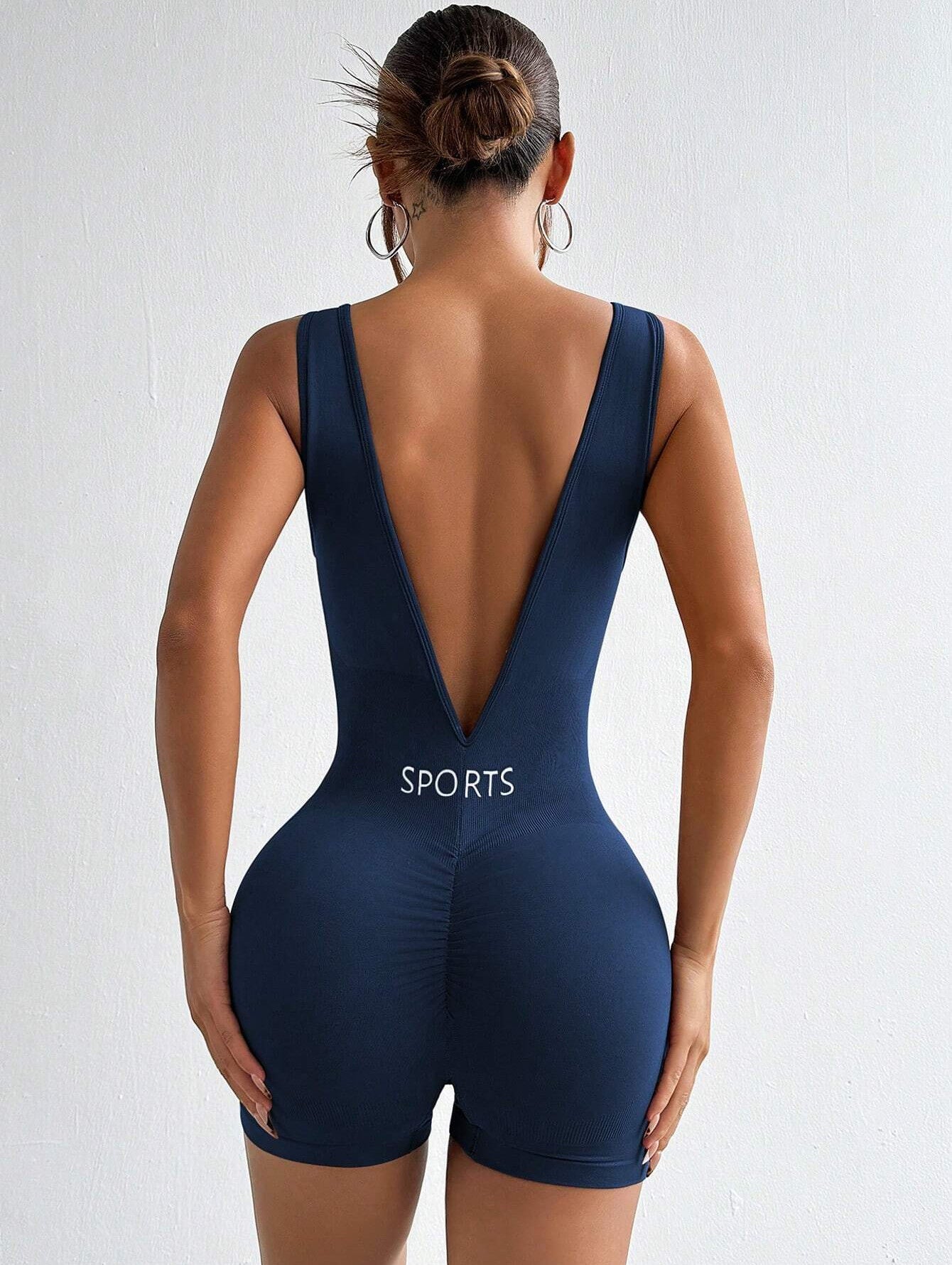 Deep V-Back Ribbed Waist Letter Pint Romper