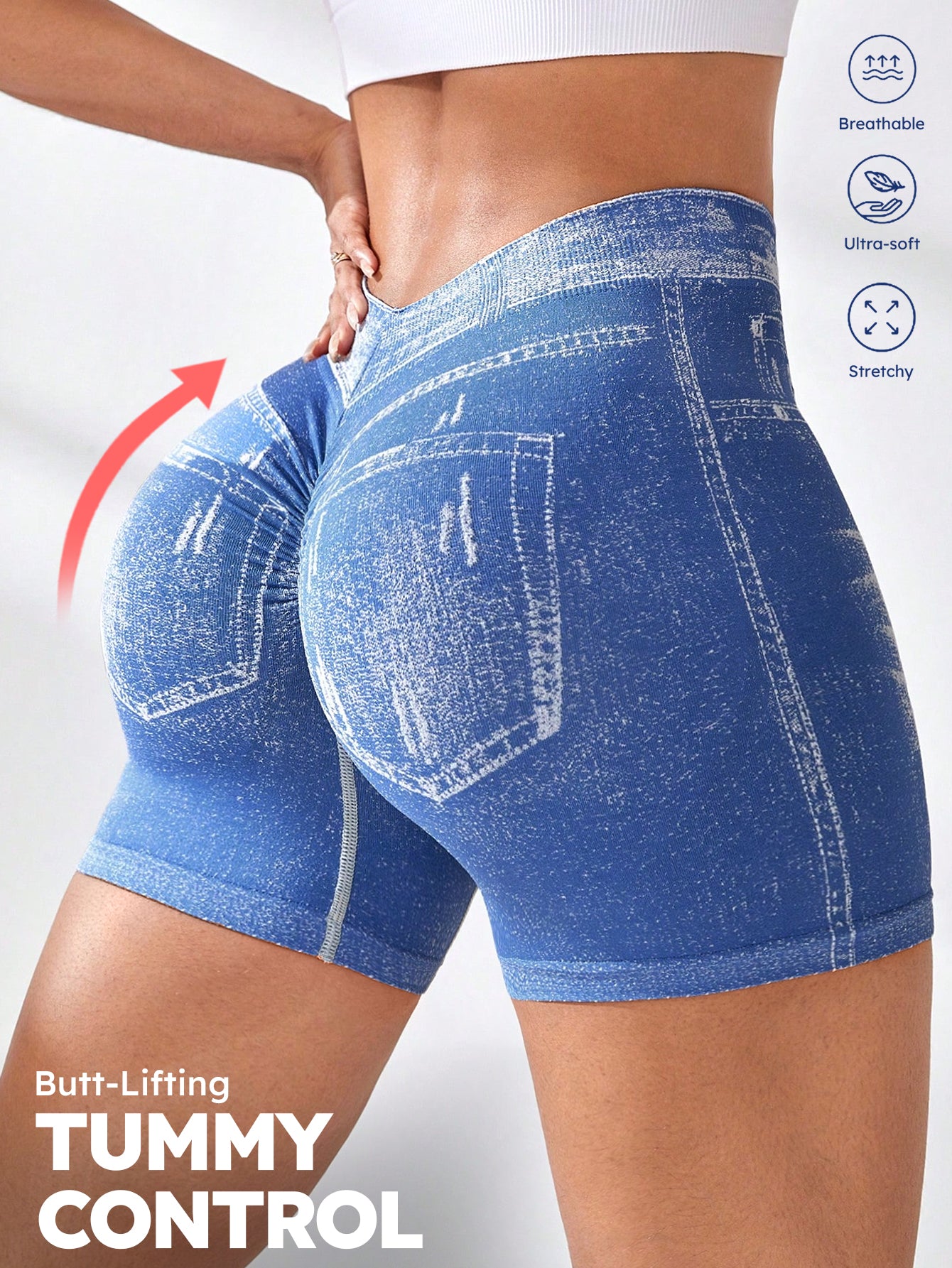 High Waist V-Back Denim Look Shorts