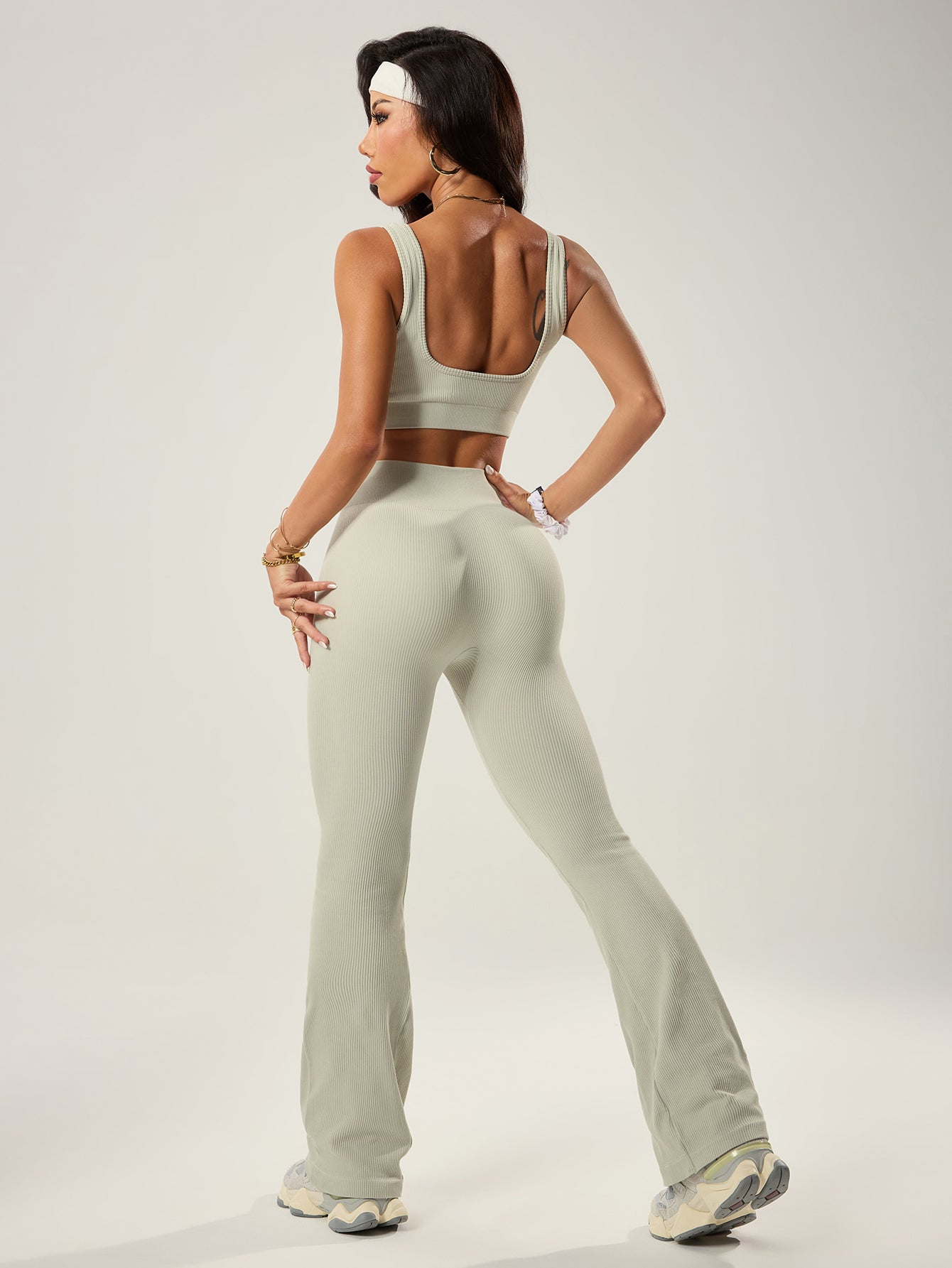 Square Neck Ribbed Long Sleeve Top & Flare Pants Set