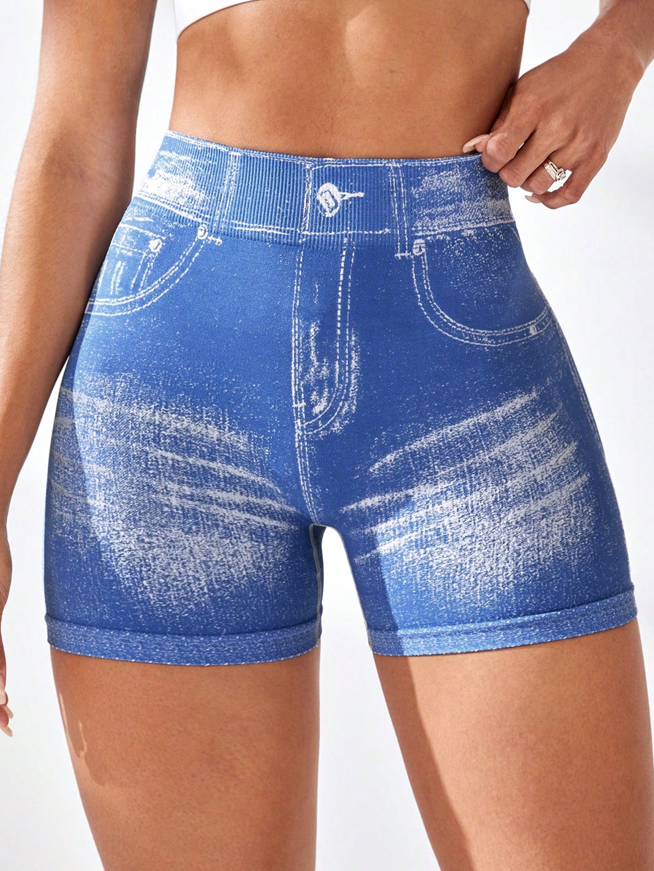 High Waist V-Back Denim Look Shorts
