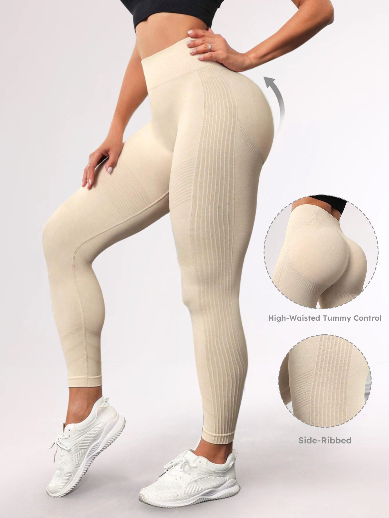 High Waist Tummy Control Side-Ribbed Butt-Lifting Leggings