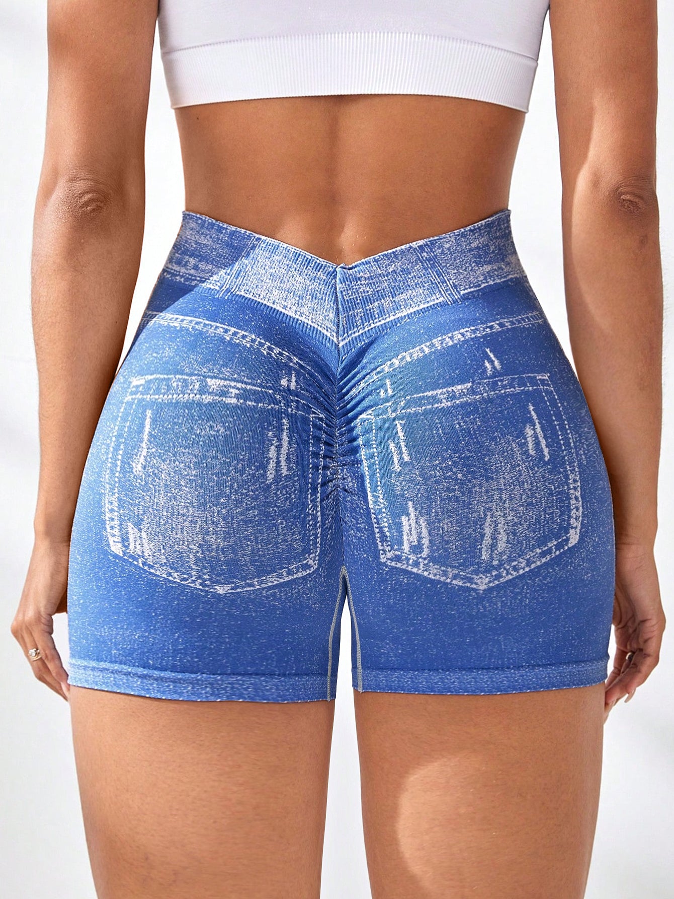High Waist V-Back Denim Look Shorts