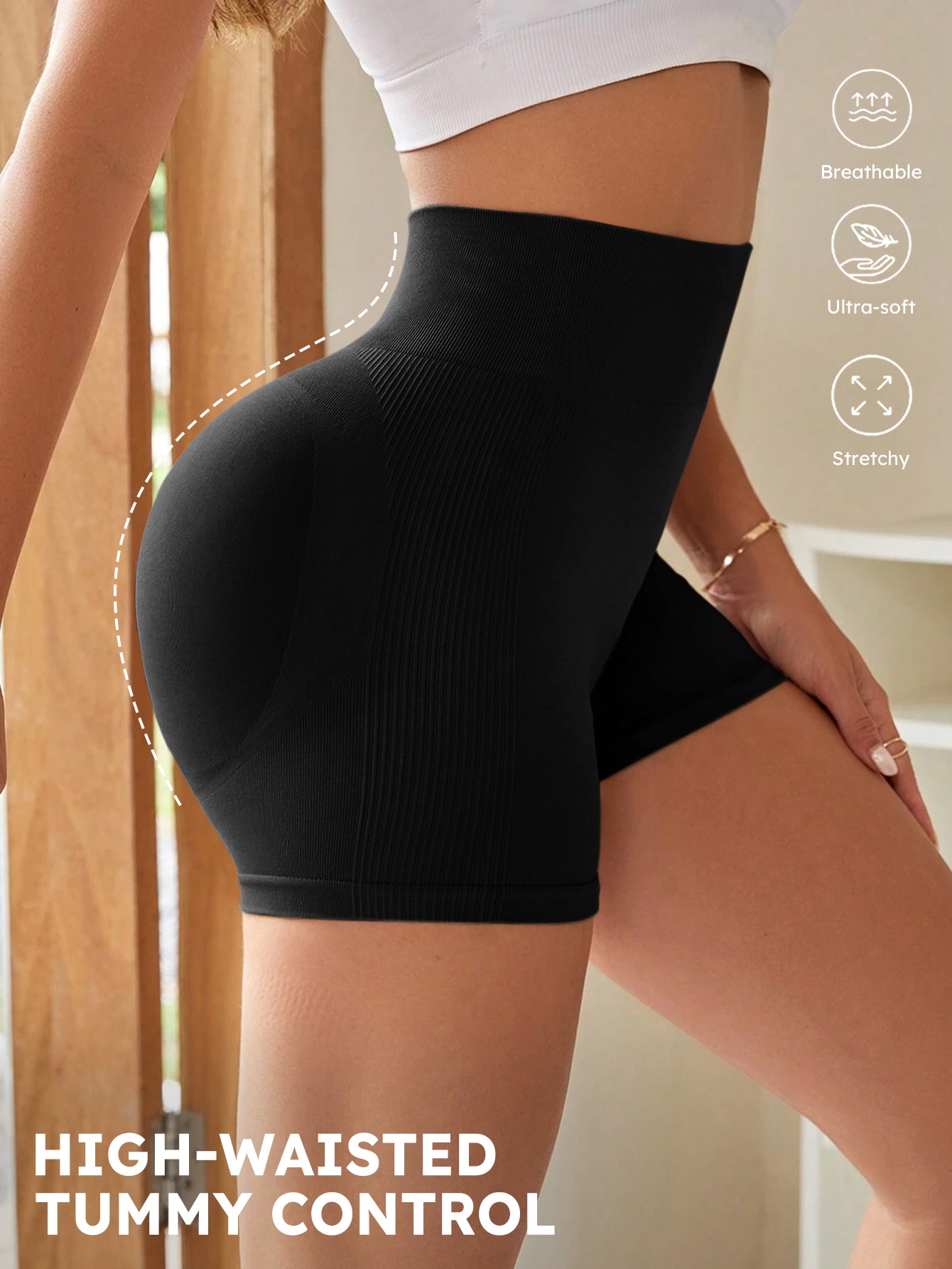 High Waist Tummy Control Side-Ribbed Butt-Lifting Seamless Shorts
