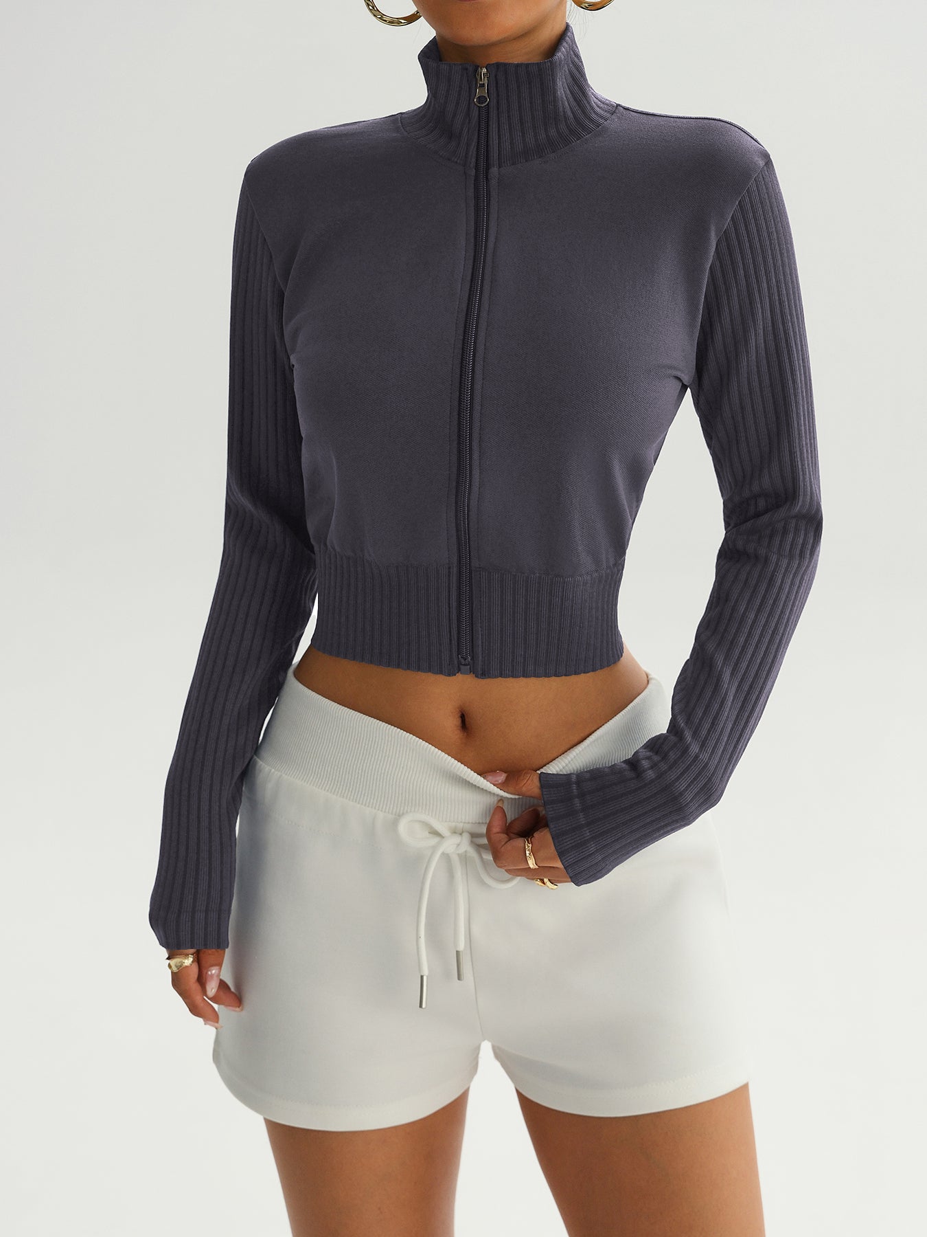 Women’s High Neck Rib-Knit Zip-Up Cropped Sports Jacket