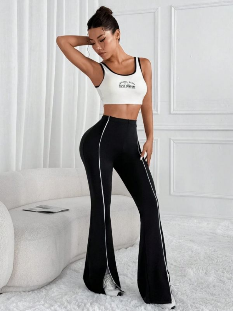 Women’s High Waist Front Slit Flare Pants with White Stripe