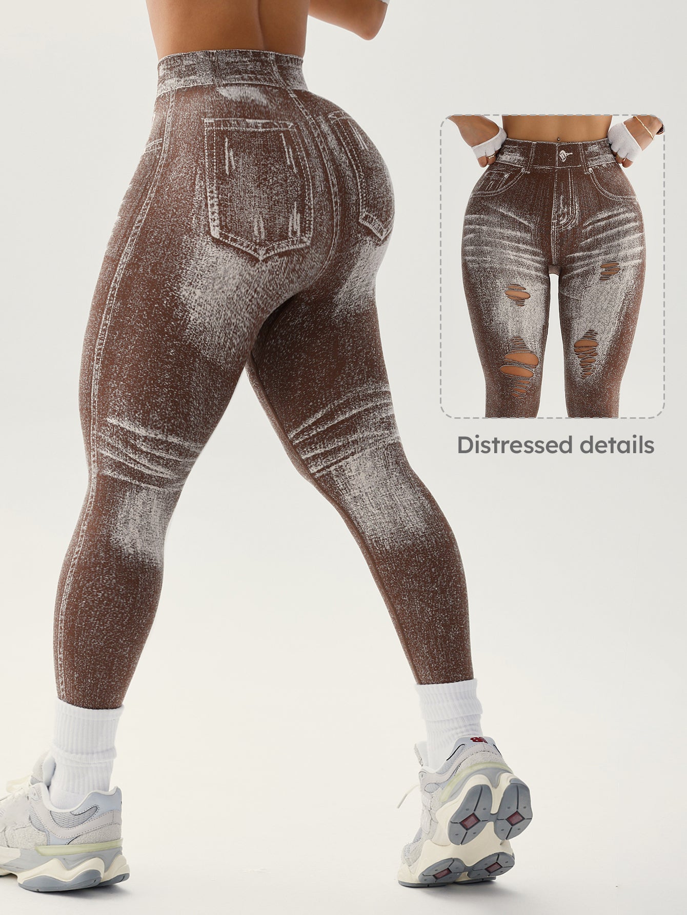 Denim Look High Waist Printed Distressed Details Leggings