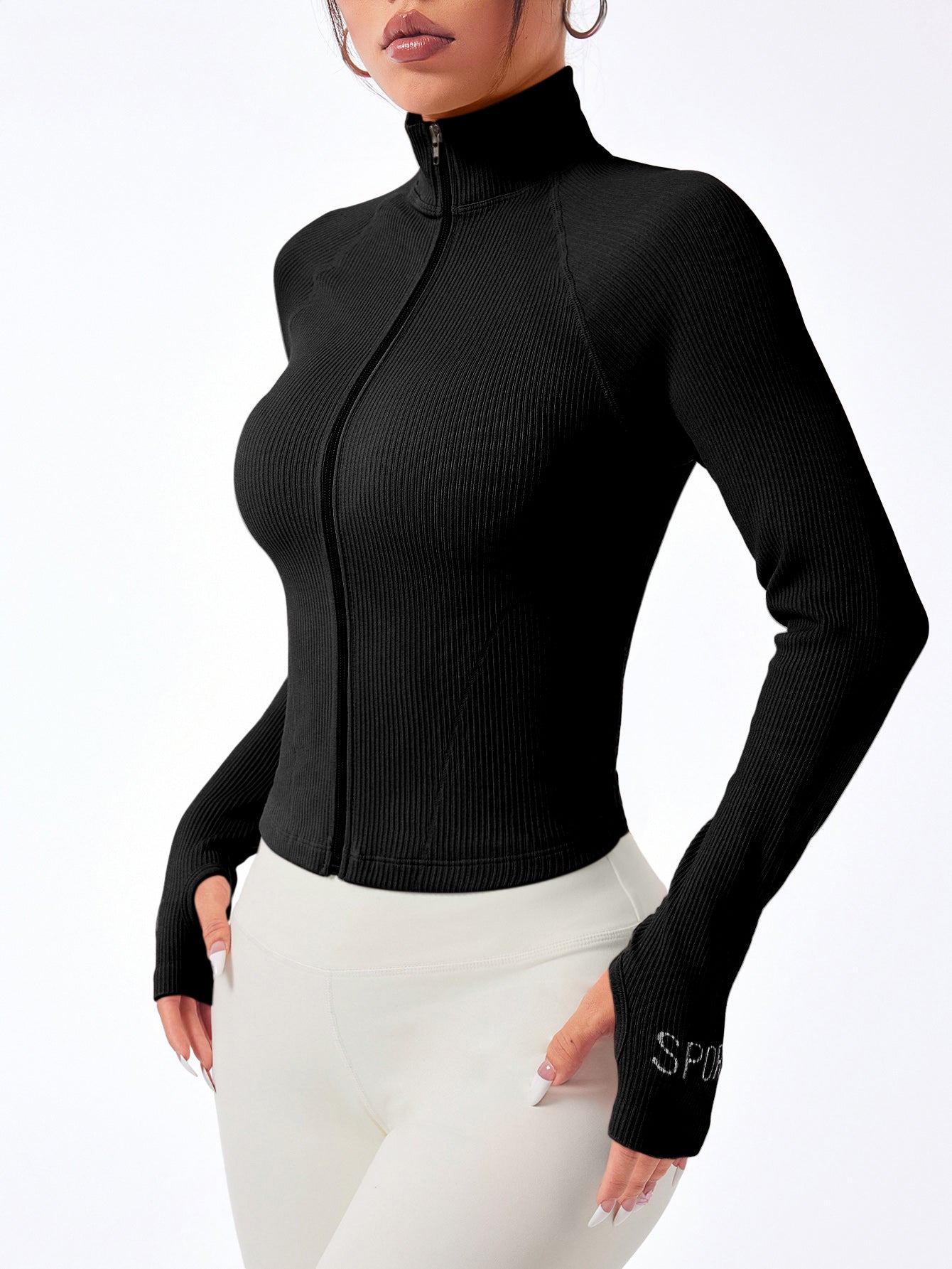 Women’s Rib-Knit Zip-Up Seamless Sports Jacket with Thumb Holes & Sports Letter Prin