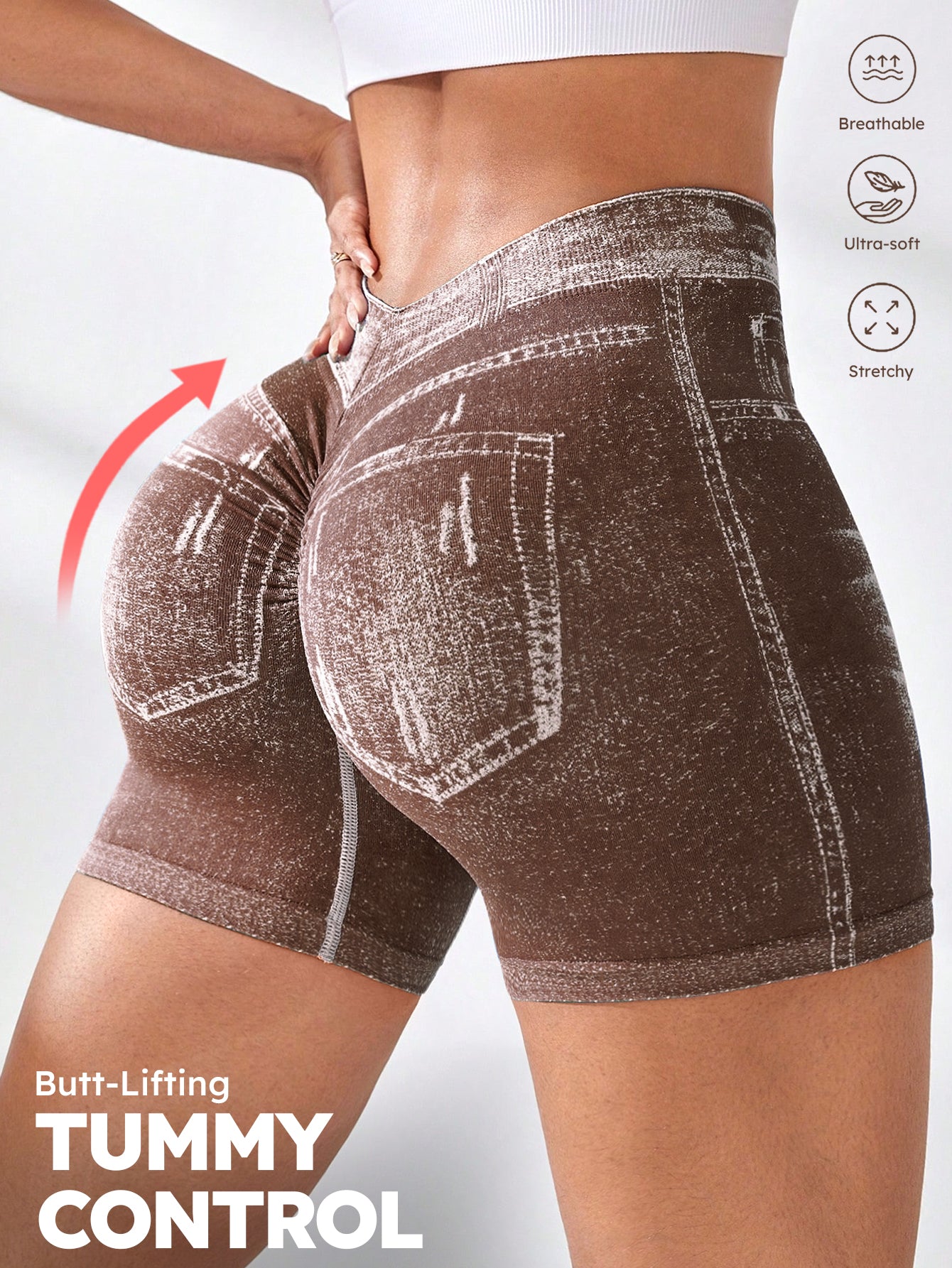 High Waist V-Back Denim Look Shorts