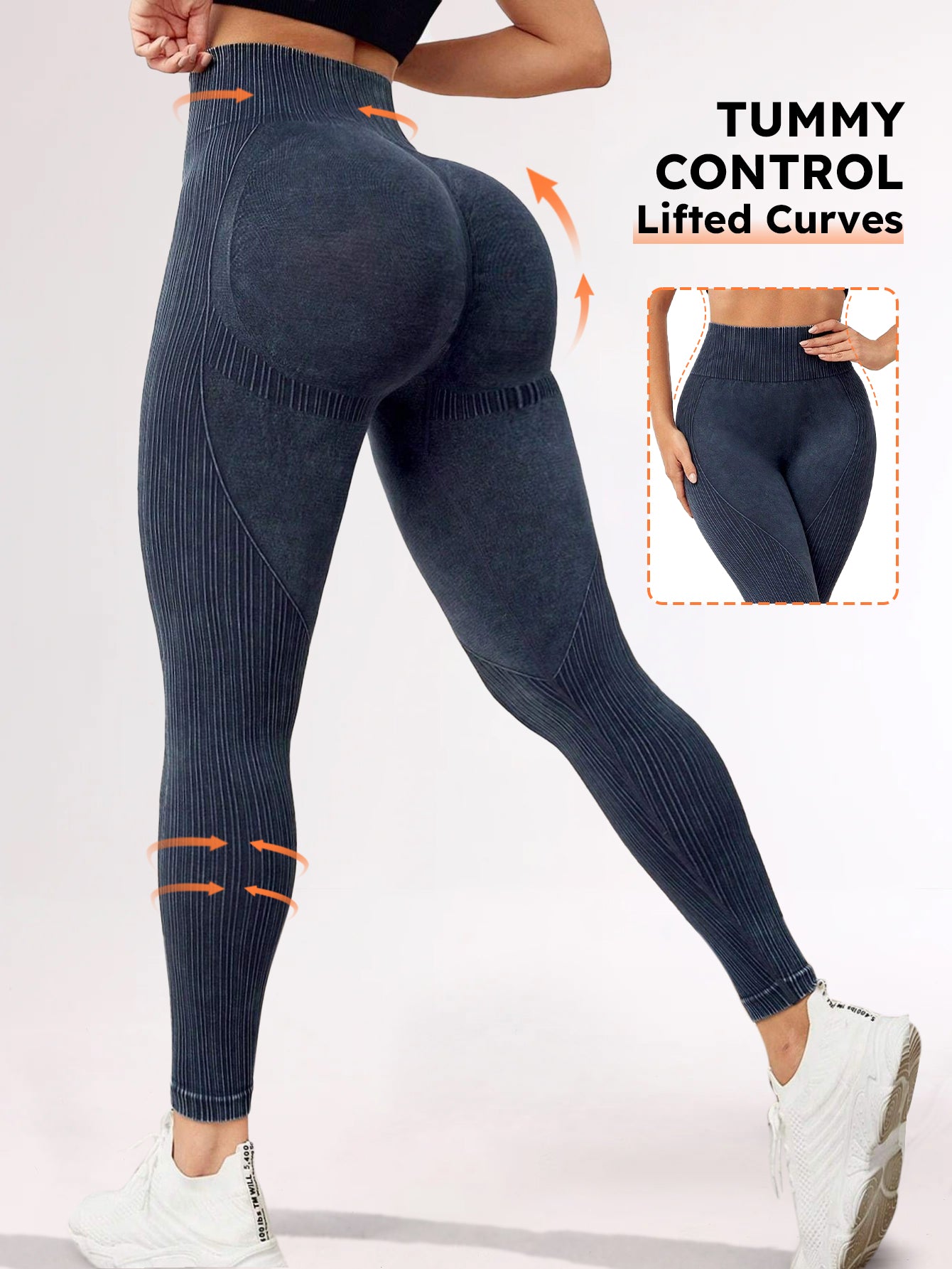 High Waist Acid Wash Butt-Lifting Rib-Knit Leggings