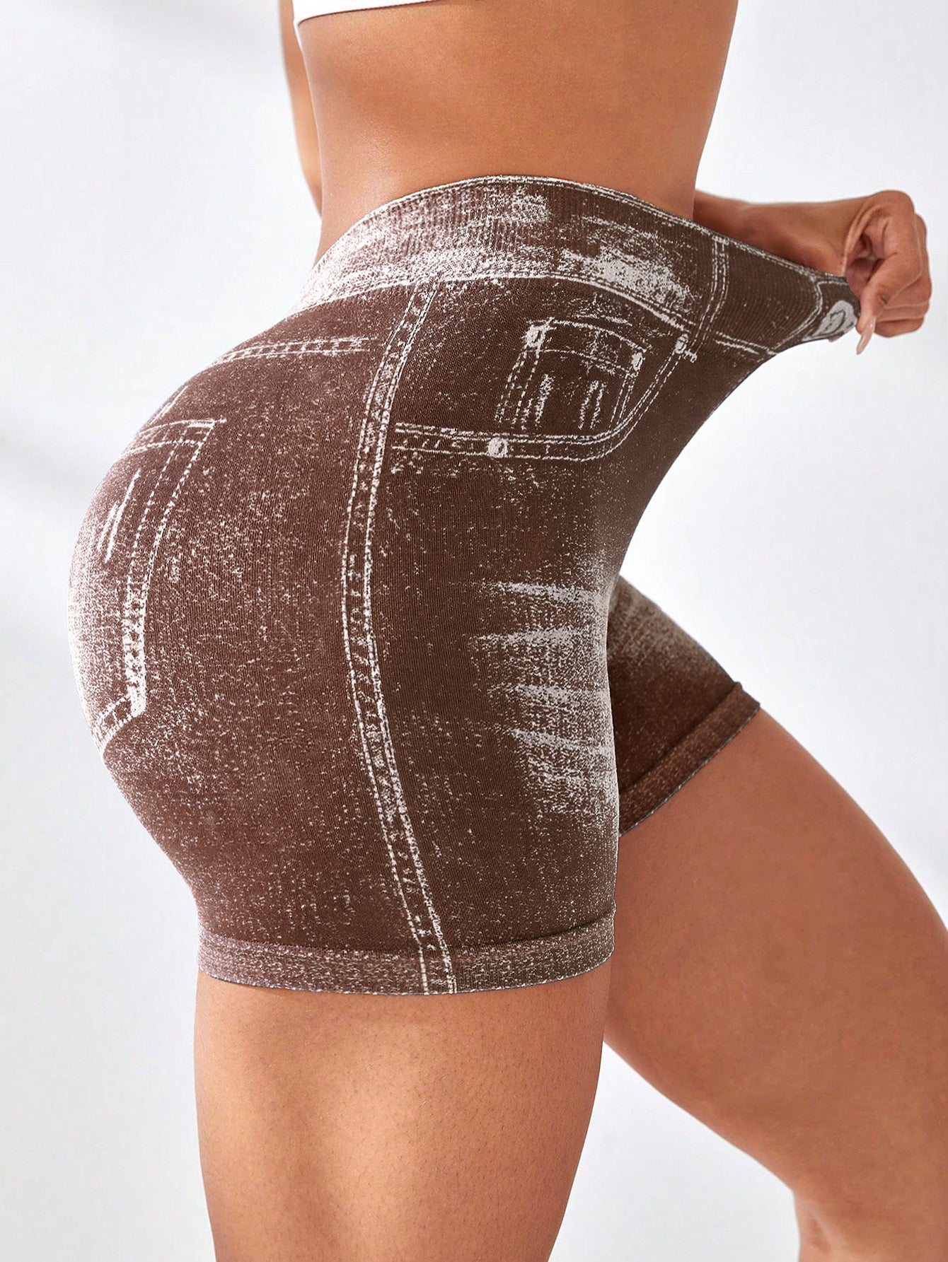 High Waist V-Back Denim Look Shorts