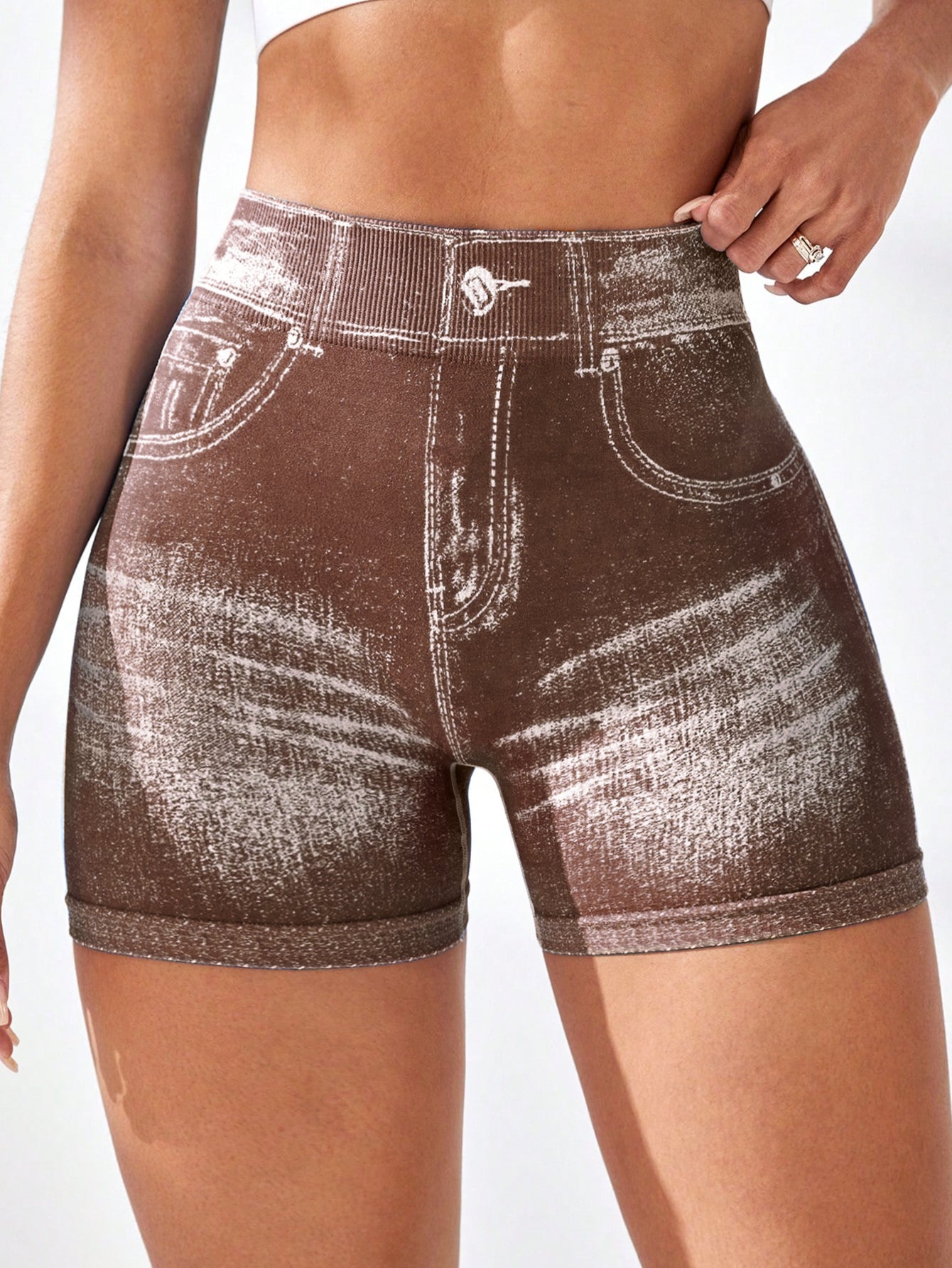 High Waist V-Back Denim Look Shorts