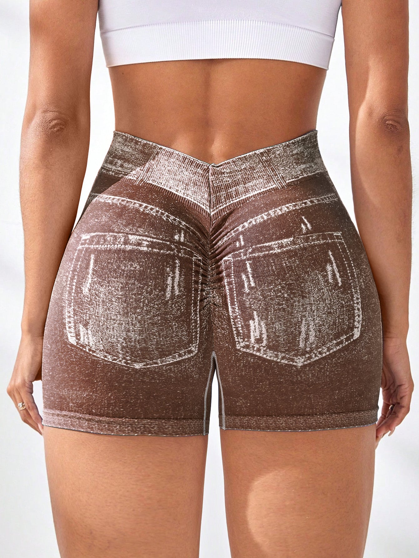 High Waist V-Back Denim Look Shorts
