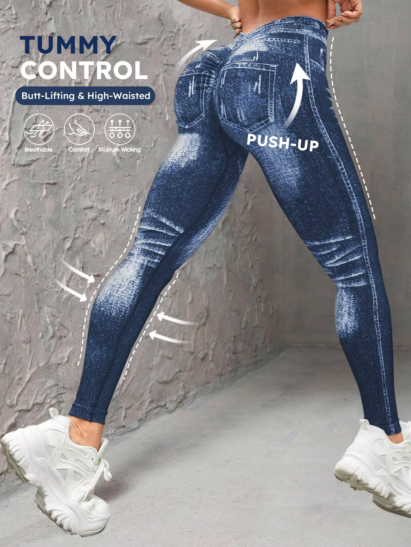 High Waist V-Back Denim Look Leggings