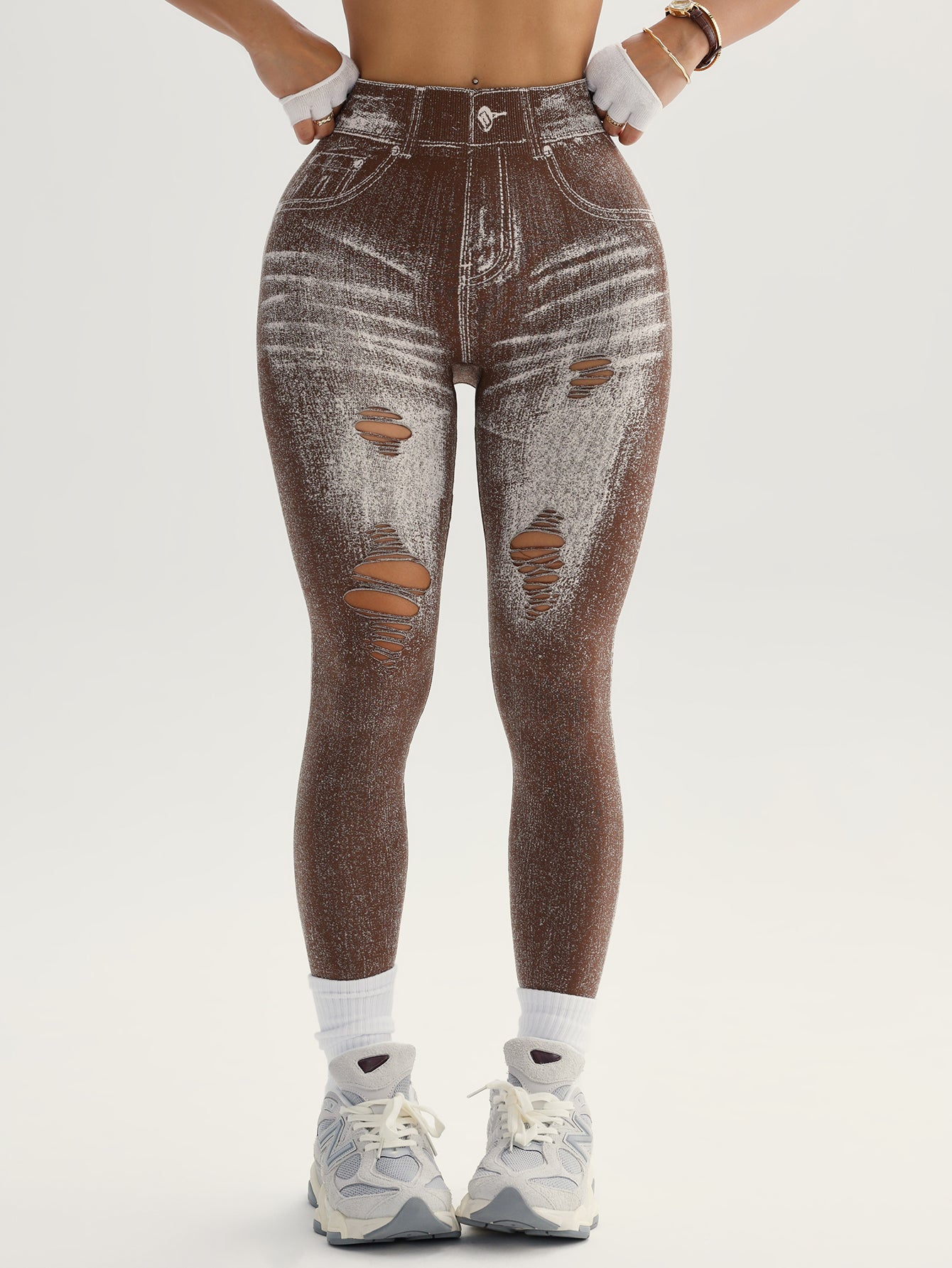 Denim Look High Waist Printed Distressed Details Leggings