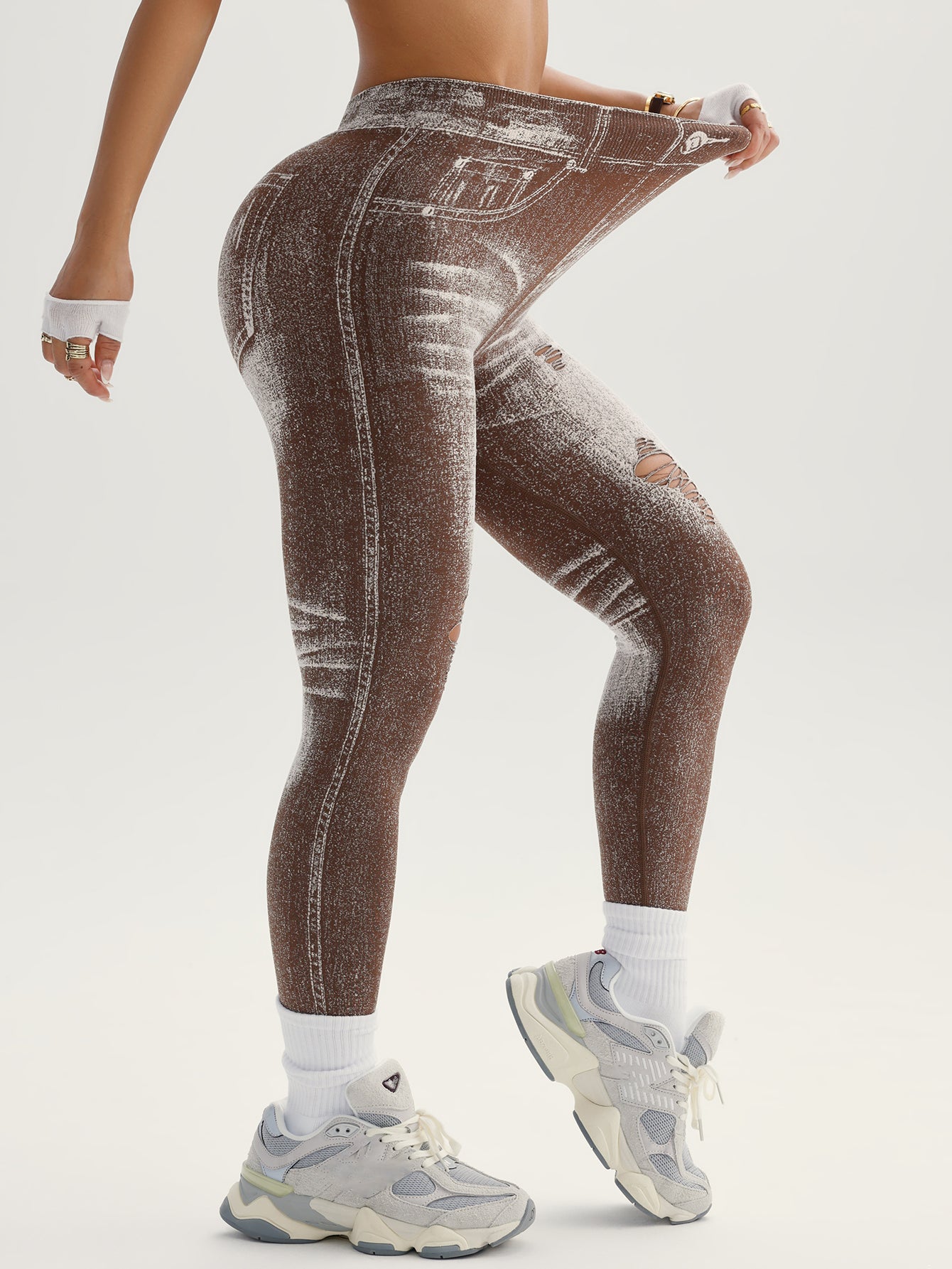 Denim Look High Waist Printed Distressed Details Leggings