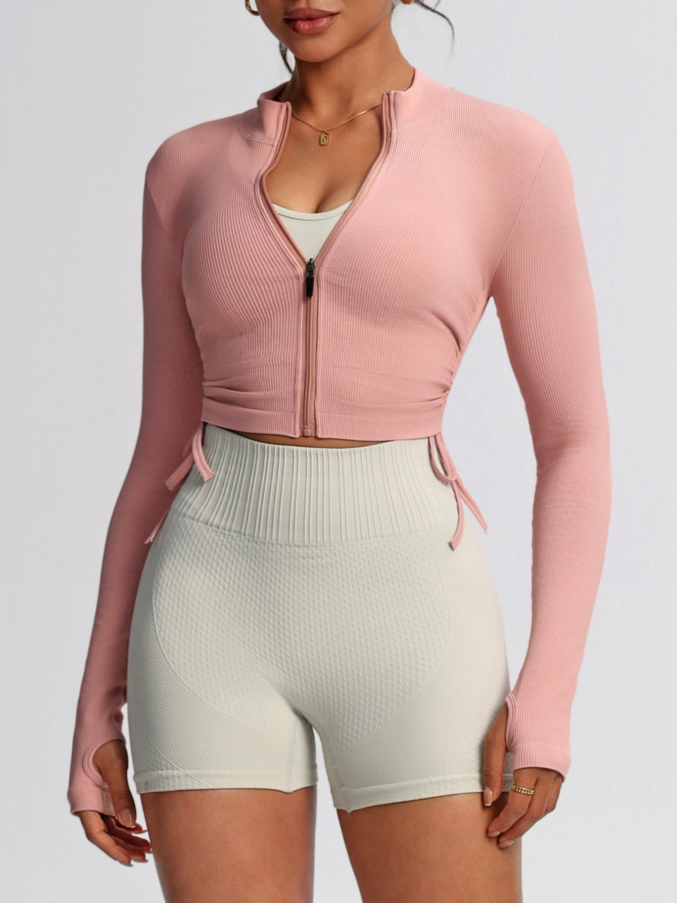 Women’s Rib-Knit Zip-Up Cropped Seamless Sport Jacket with Thumb Holes & Side Drawstring