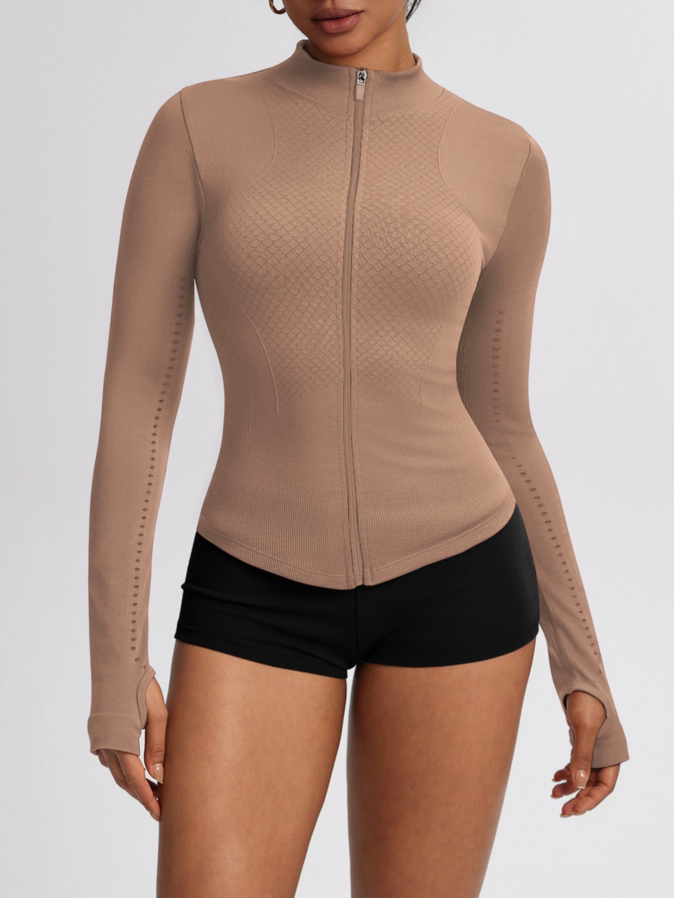 Women’s Seamless Zip-Up Sports Jacket with Thumb Holes & Textured Breathable Design