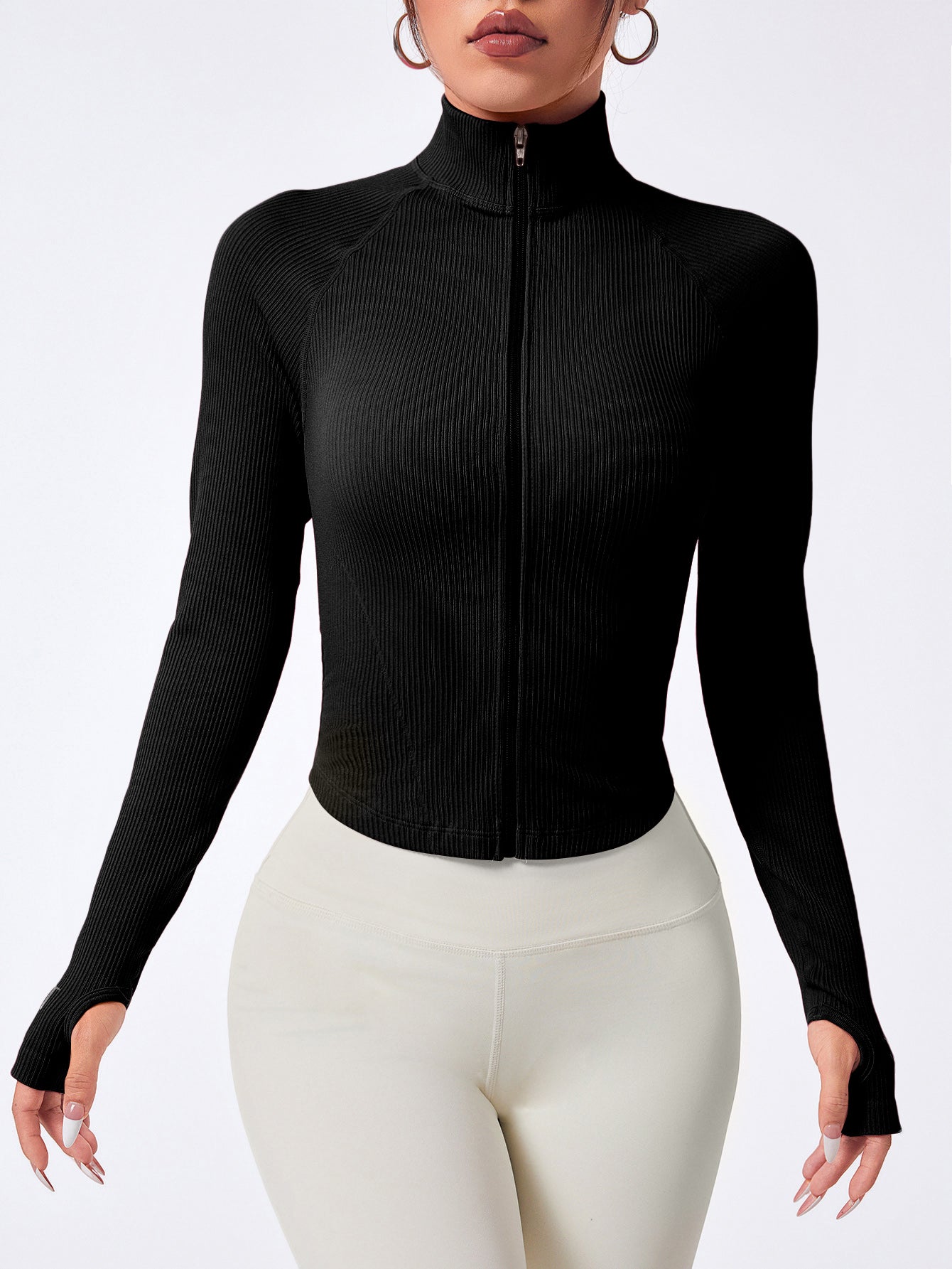 Women’s Rib-Knit Zip-Up Seamless Sports Jacket with Thumb Holes & Sports Letter Prin