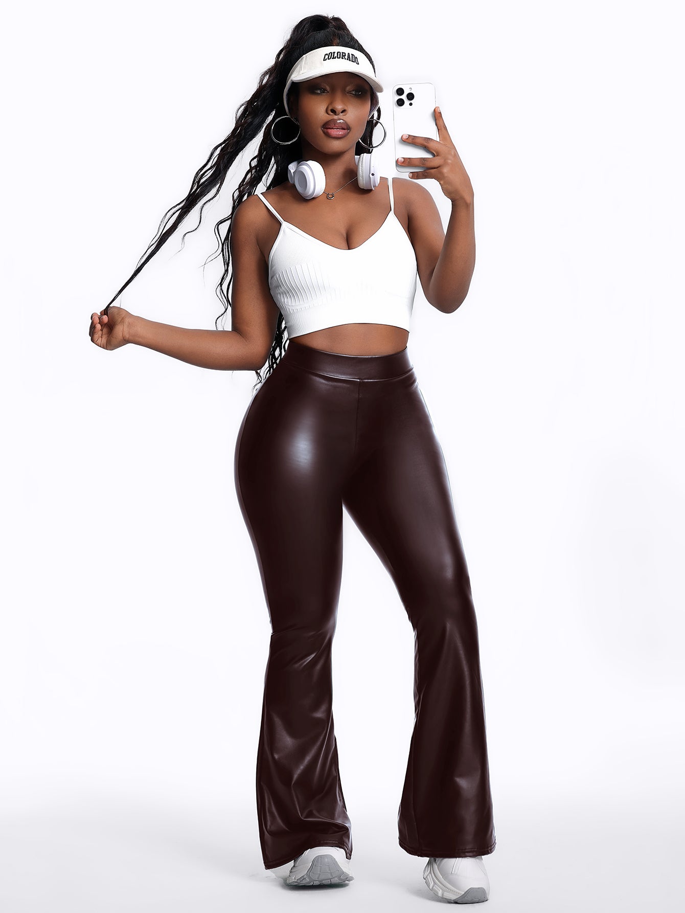 Womenswear High Waist PU Leather Flare Leg Pants