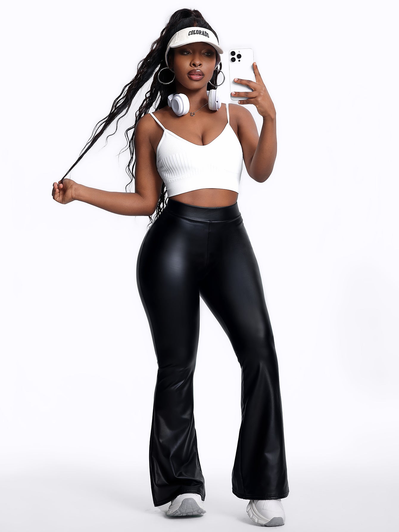Women's Fleece Lined Stretch PU Leather Flare Pants