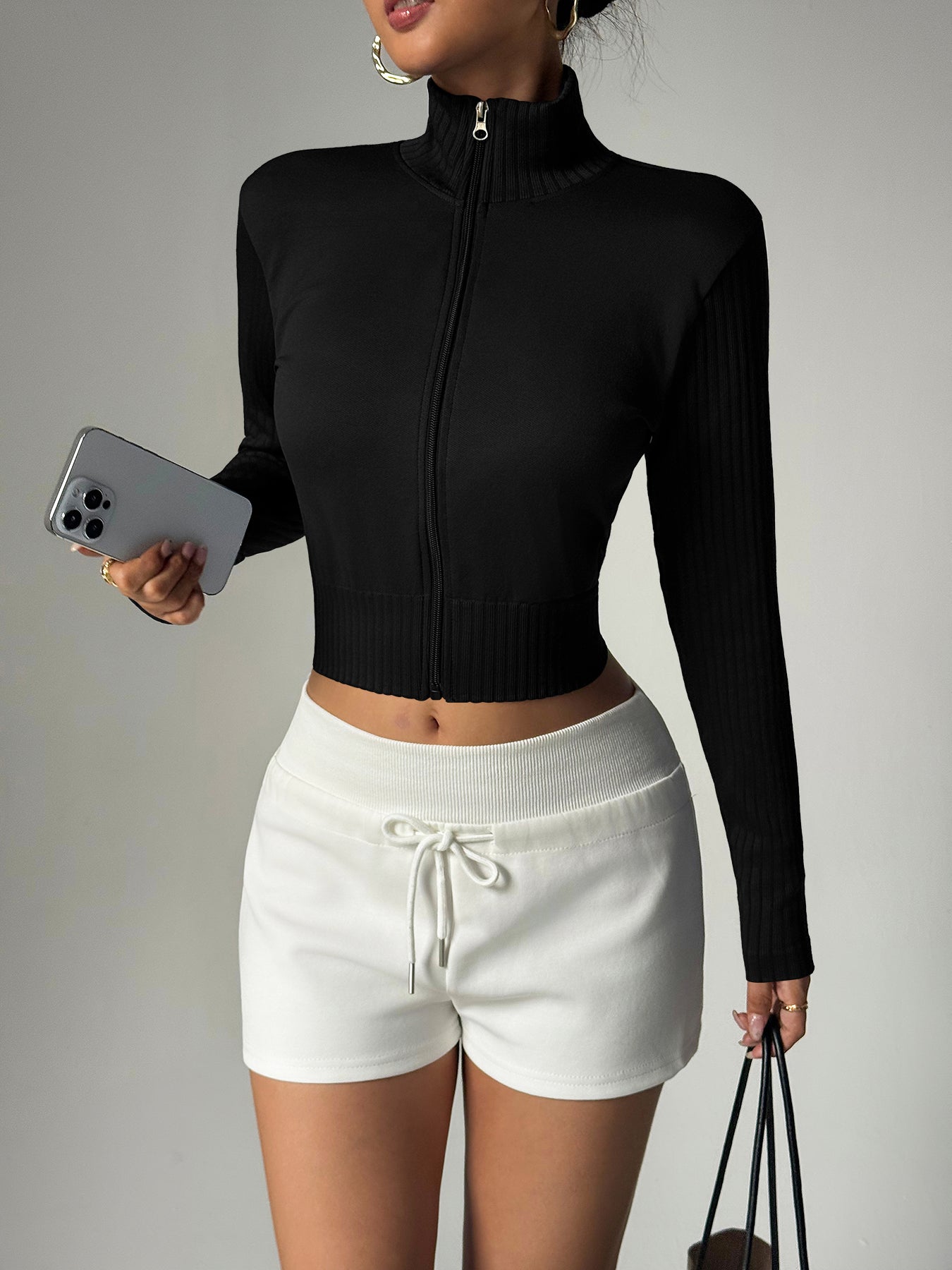 Women’s High Neck Rib-Knit Zip-Up Cropped Sports Jacket