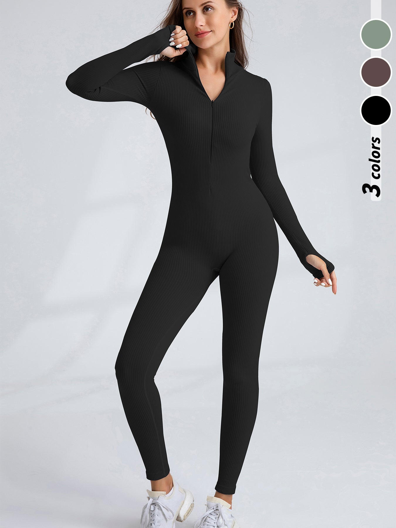 Women's Long Sleeve Ribbed Jumpsuit Zip up Front Jumpsuit