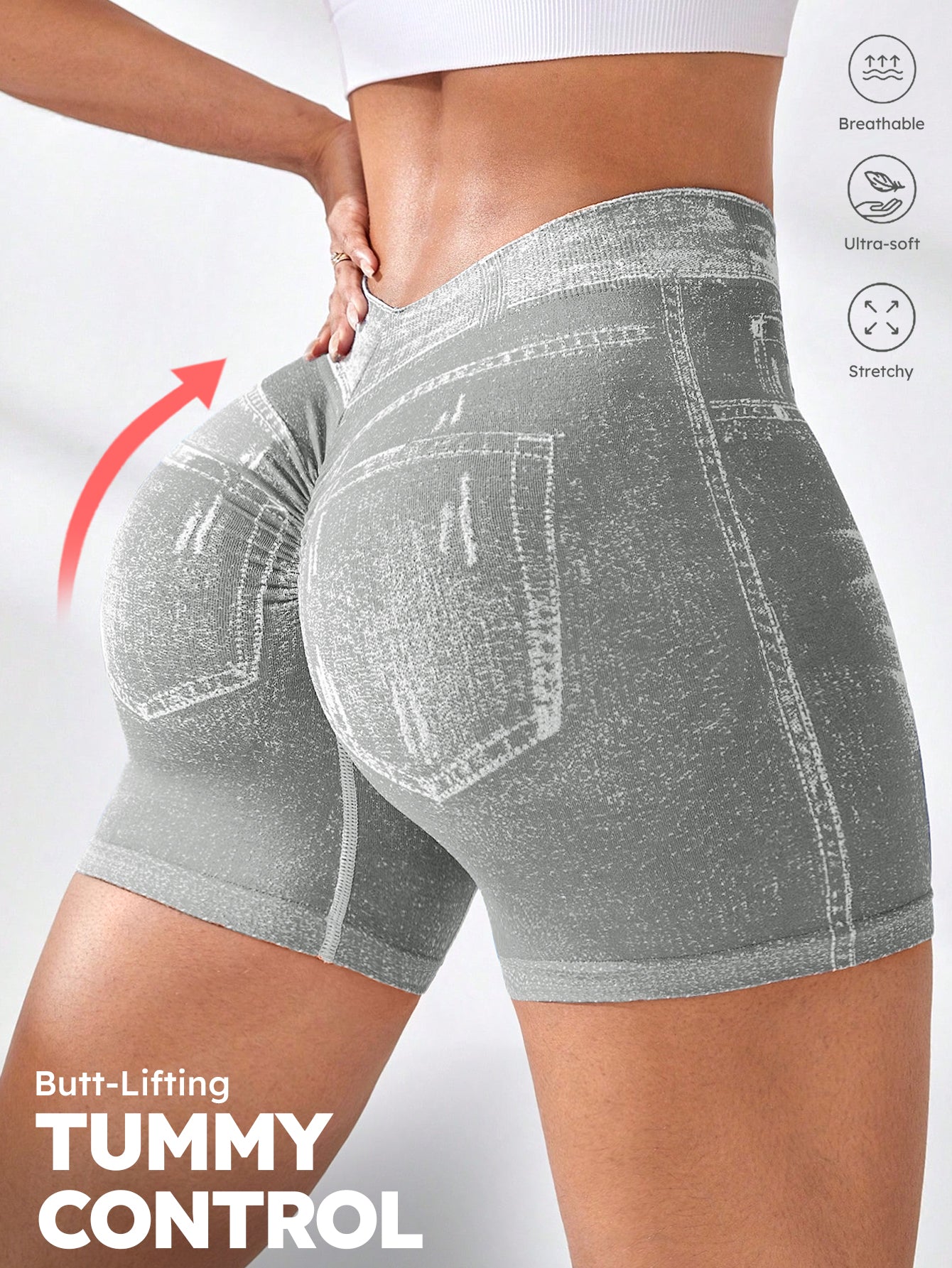High Waist V-Back Denim Look Shorts