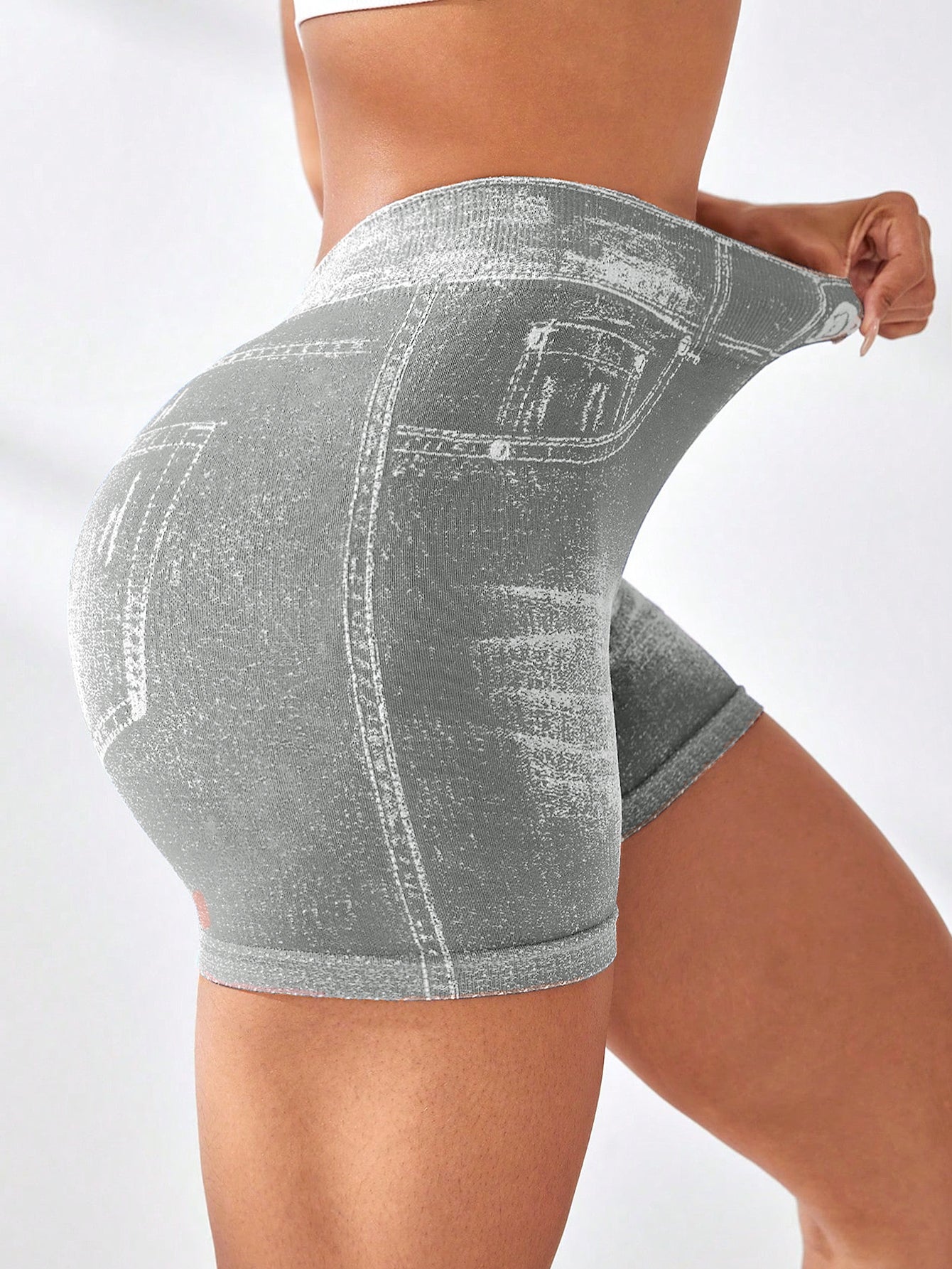 High Waist V-Back Denim Look Shorts