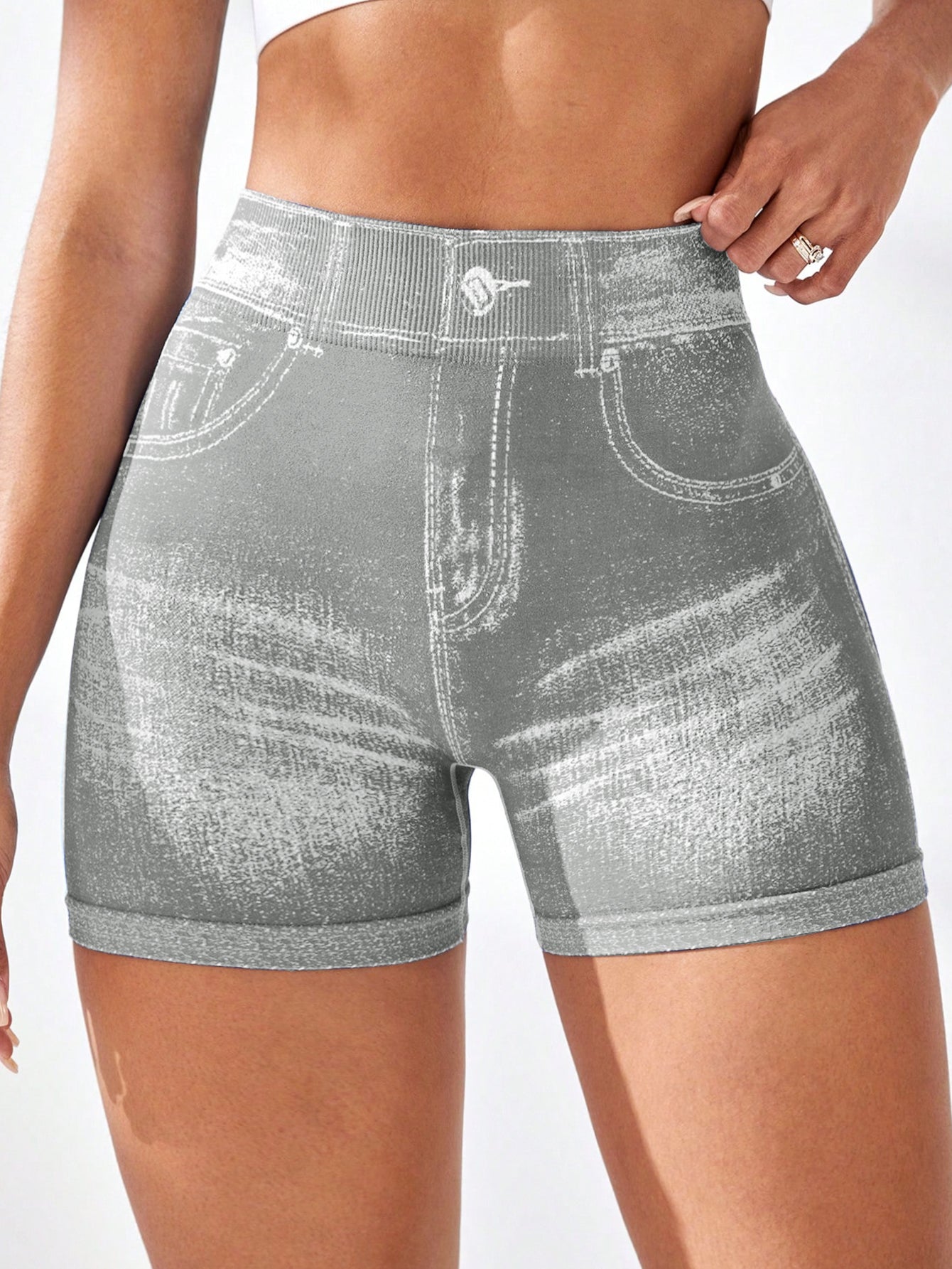 High Waist V-Back Denim Look Shorts