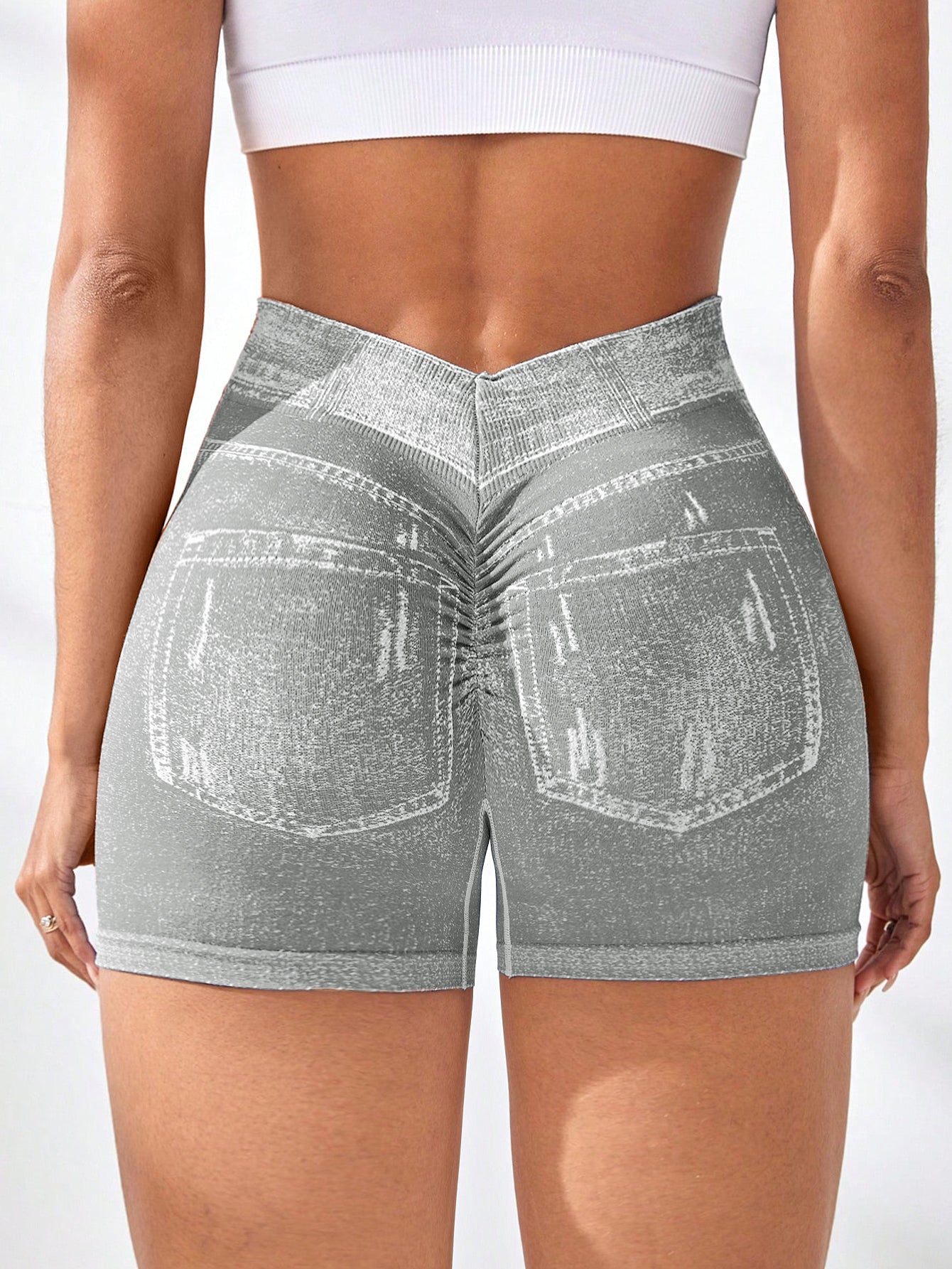High Waist V-Back Denim Look Shorts
