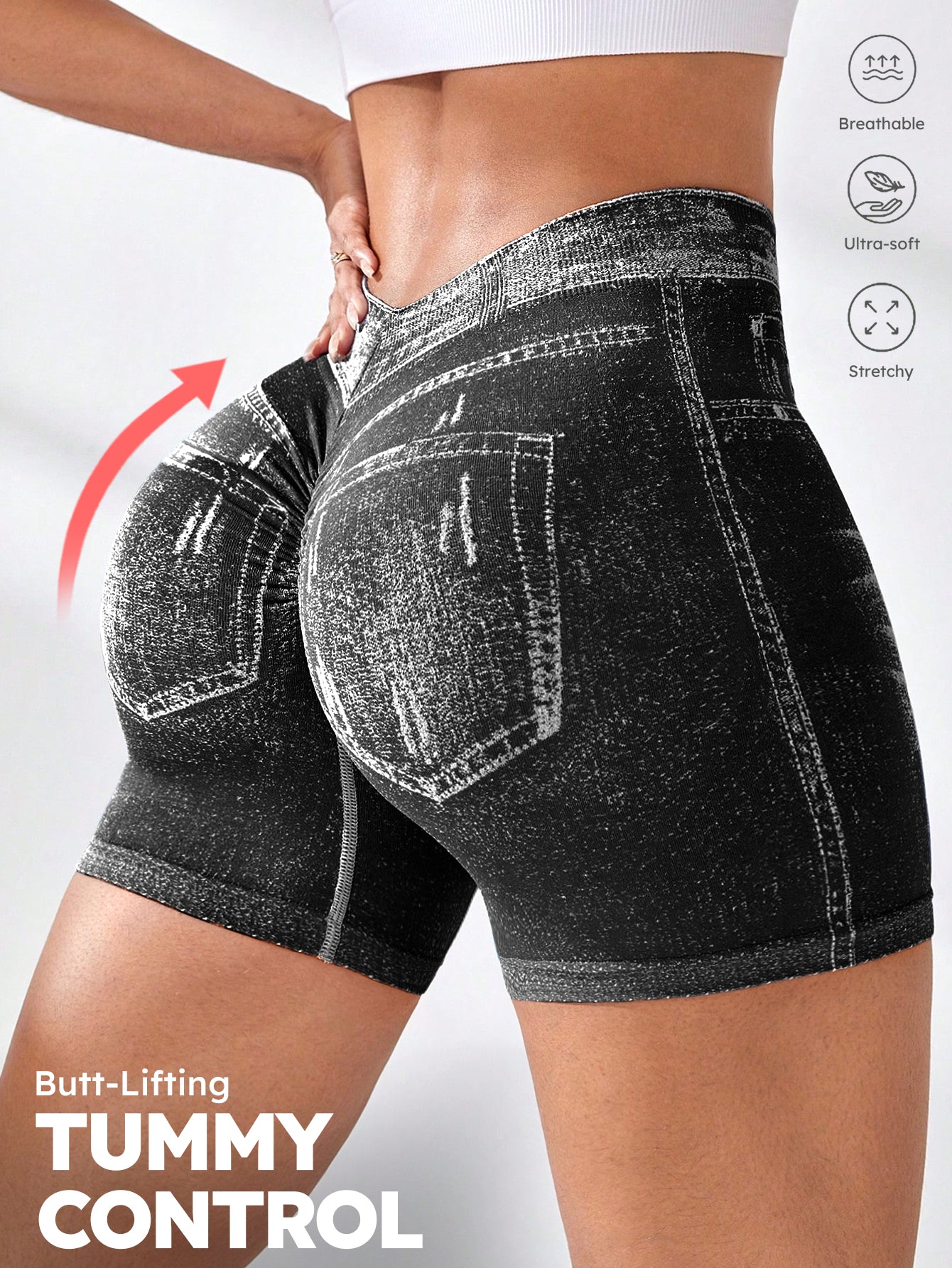 High Waist V-Back Denim Look Shorts
