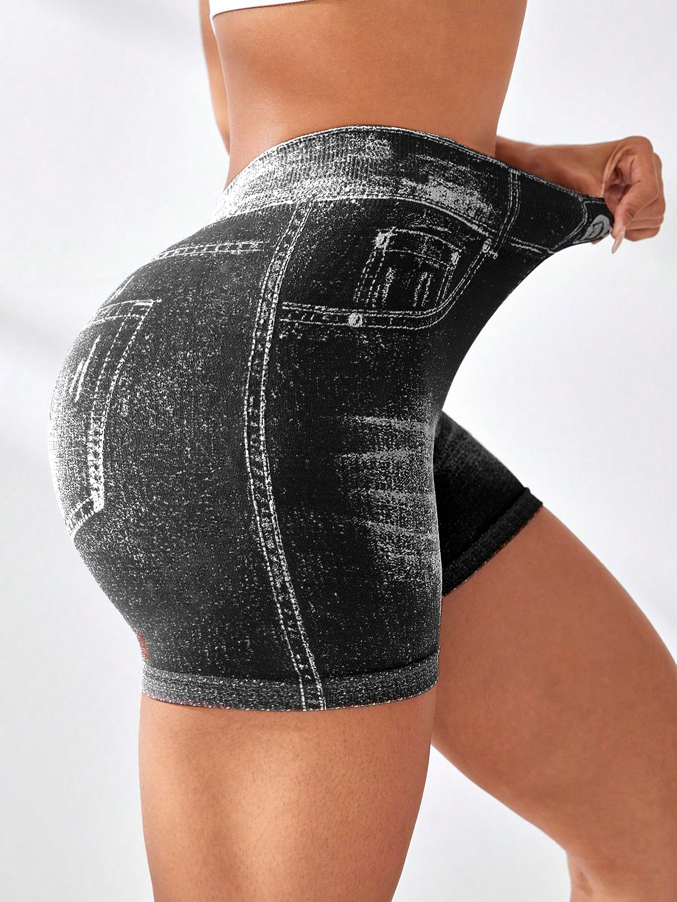 High Waist V-Back Denim Look Shorts