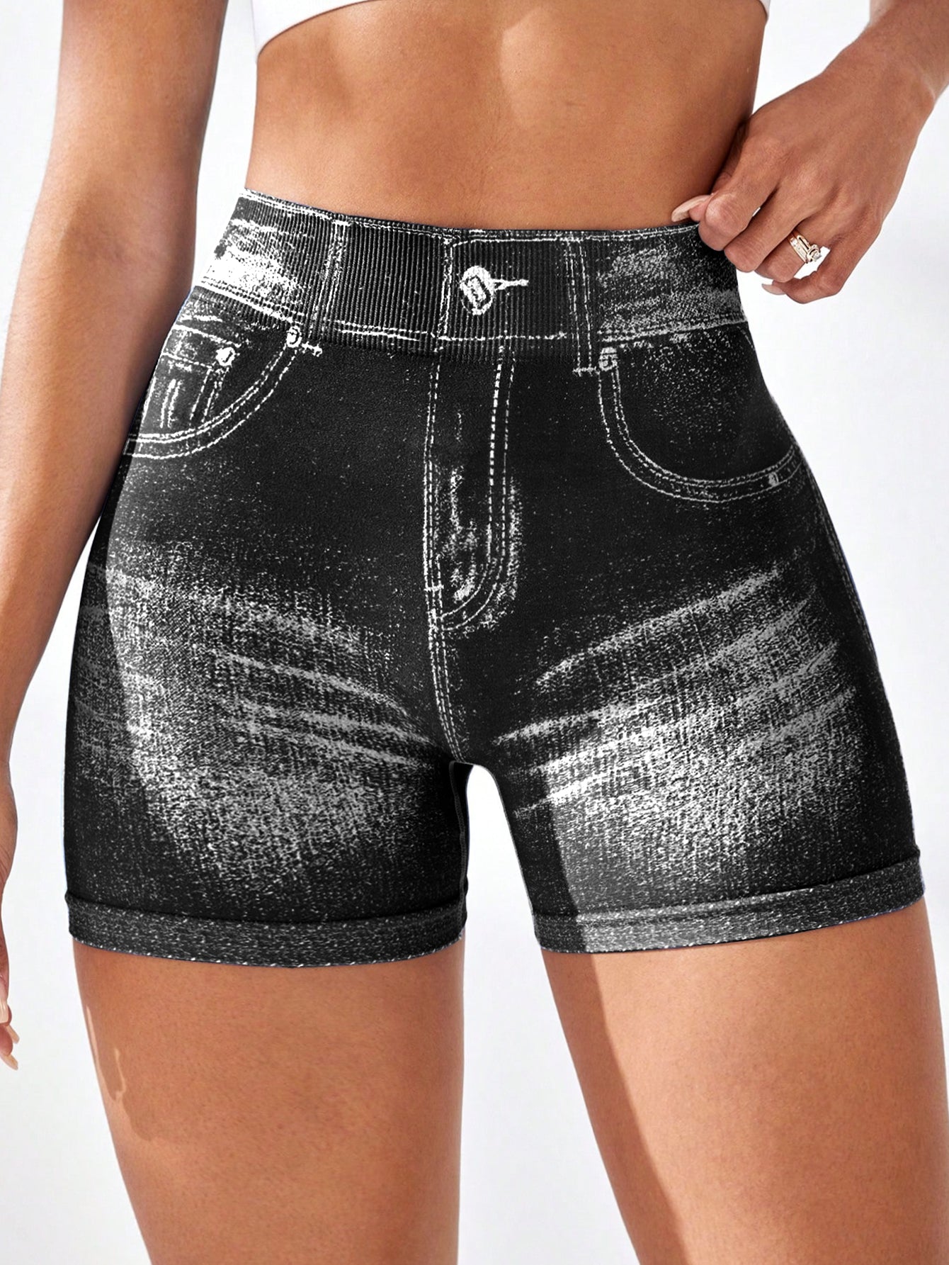 High Waist V-Back Denim Look Shorts