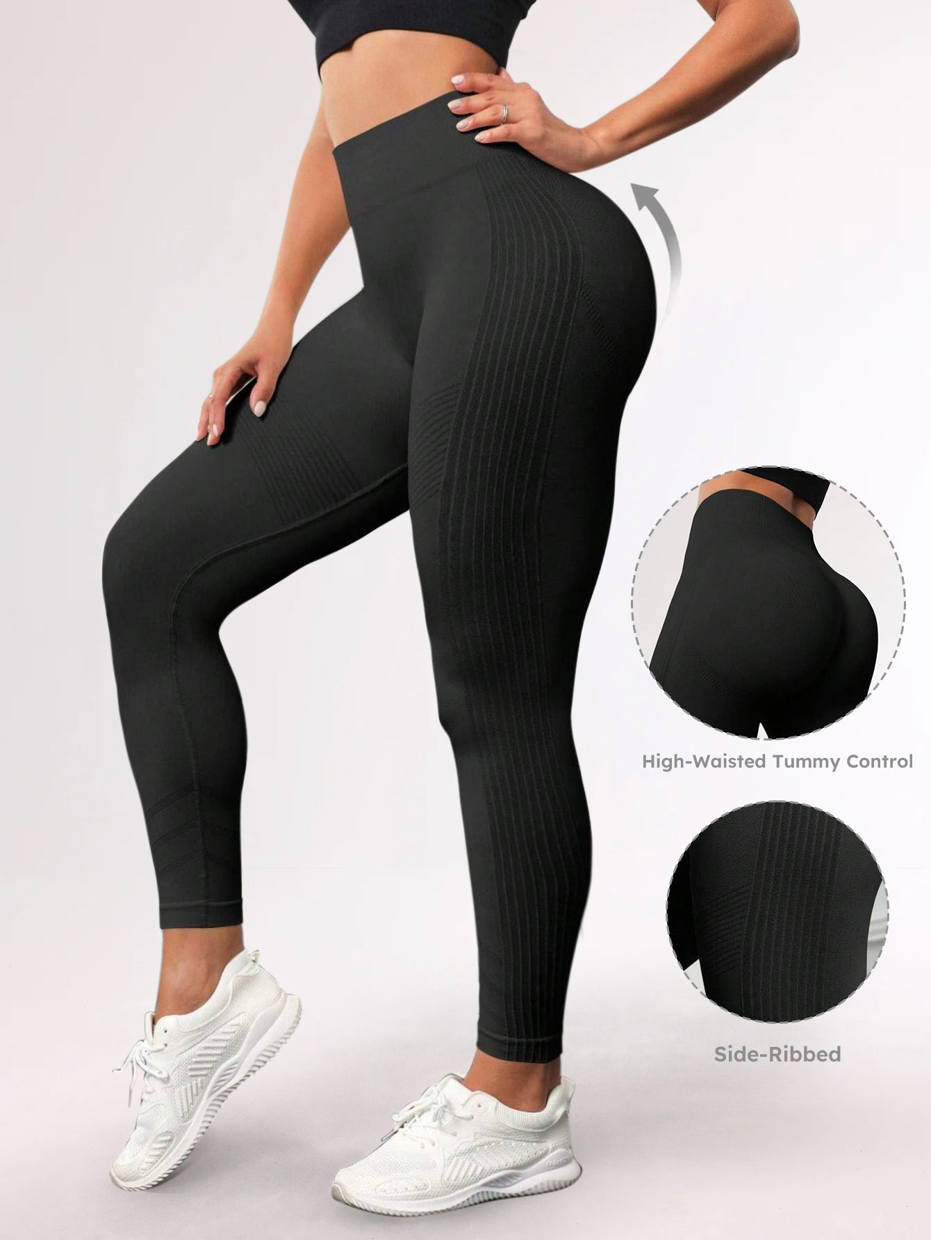 High Waist Tummy Control Side-Ribbed Butt-Lifting Leggings