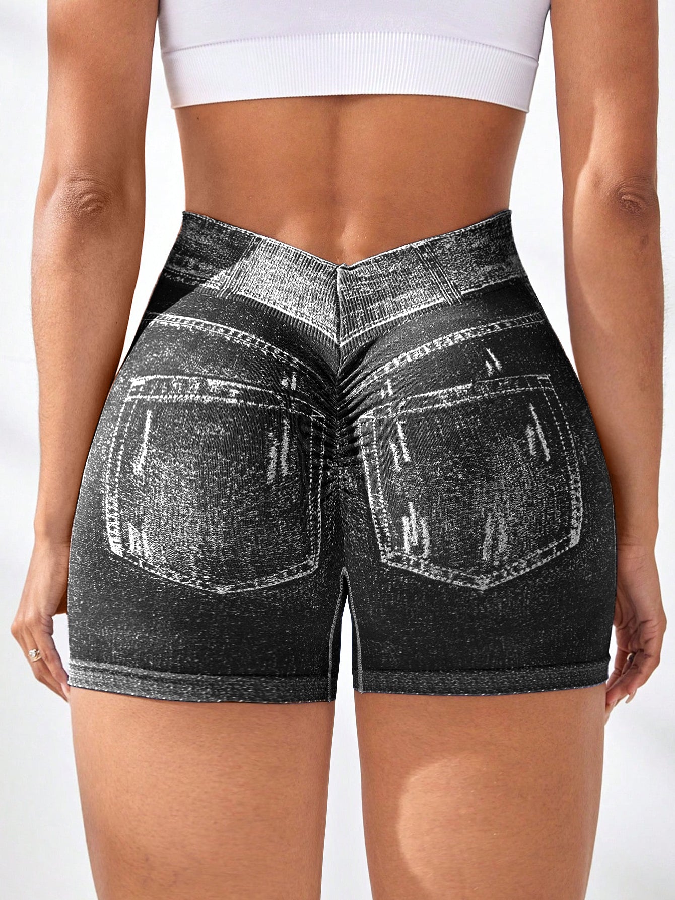 High Waist V-Back Denim Look Shorts
