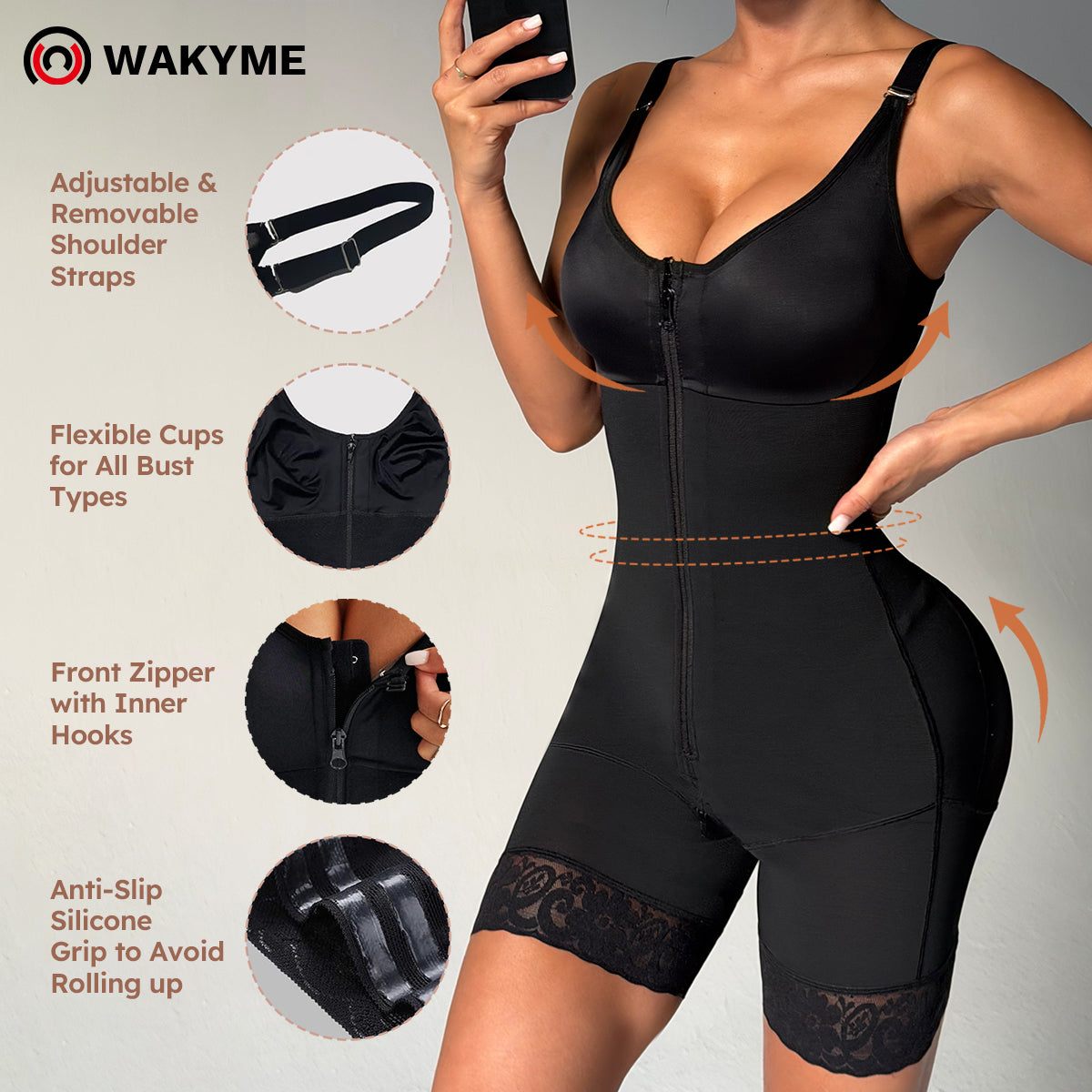 Women's Full Body Shaper Bodysuit with Front Crotch Zipper