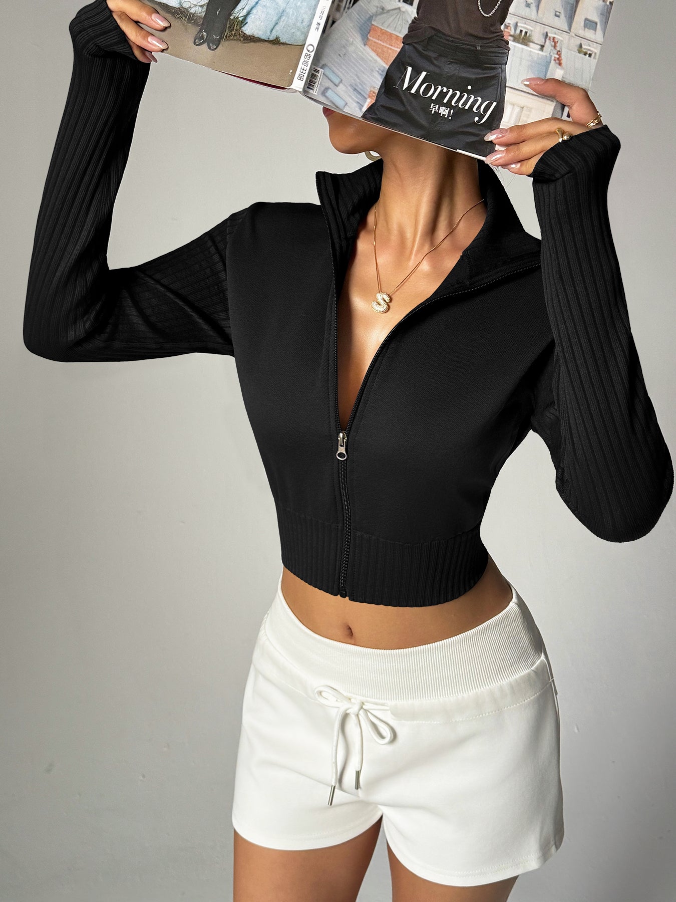 Women’s High Neck Rib-Knit Zip-Up Cropped Sports Jacket