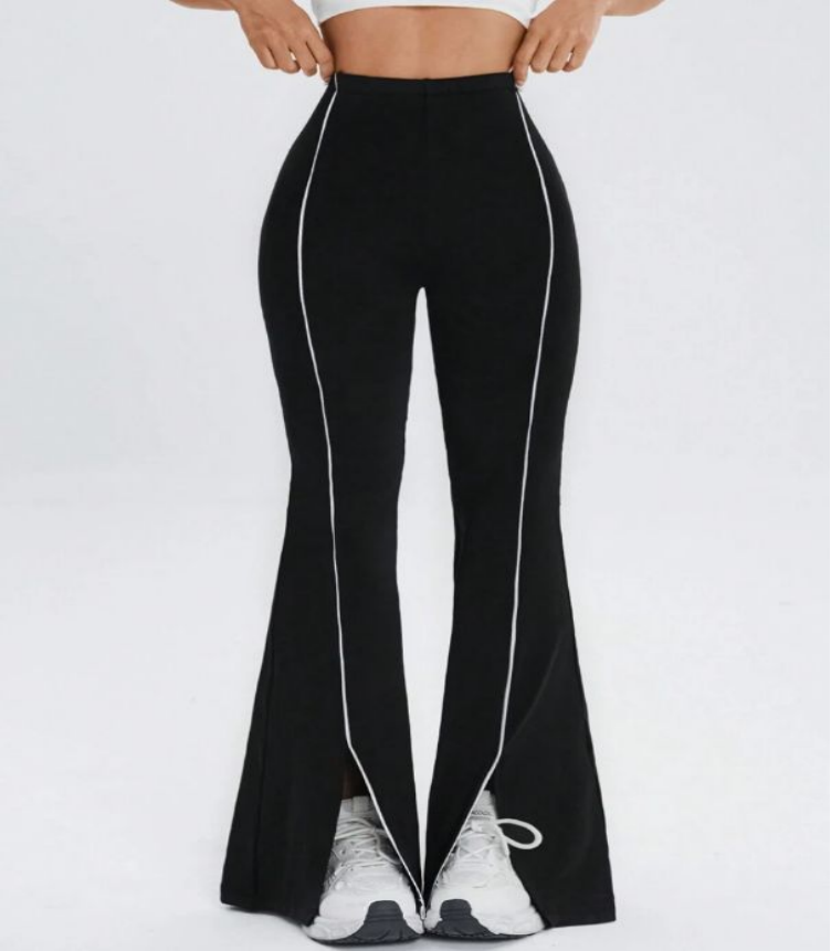Women’s High Waist Front Slit Flare Pants with White Stripe