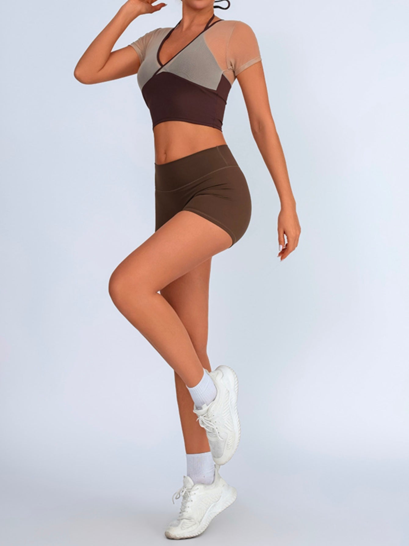 2-in-1 Halter Neck Mesh Short-Sleeve Sports Bra