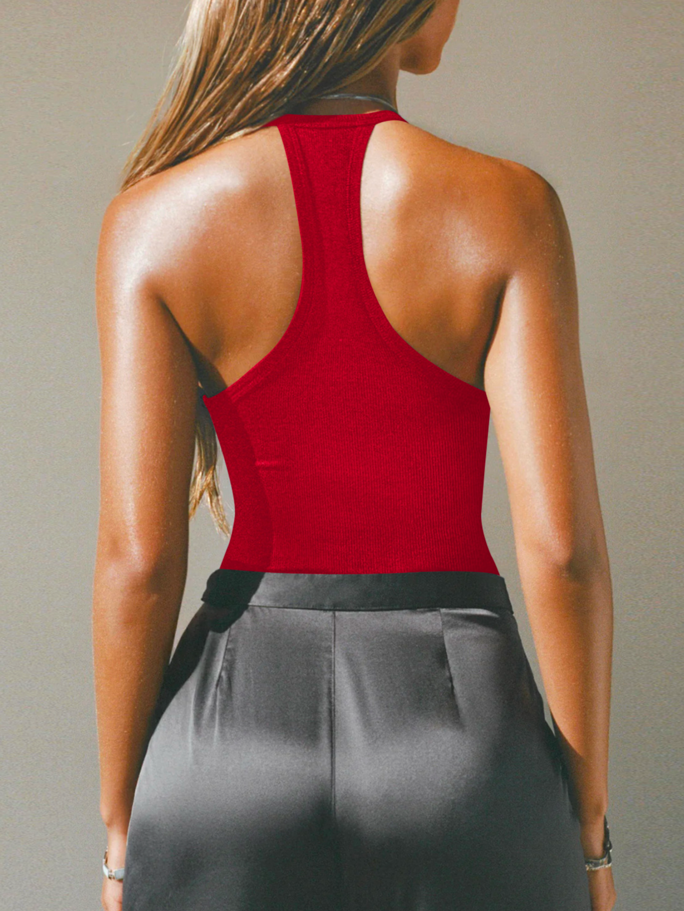 Halter Neck Cut-Out Front Deep V Ribbed Racerback Tank Top