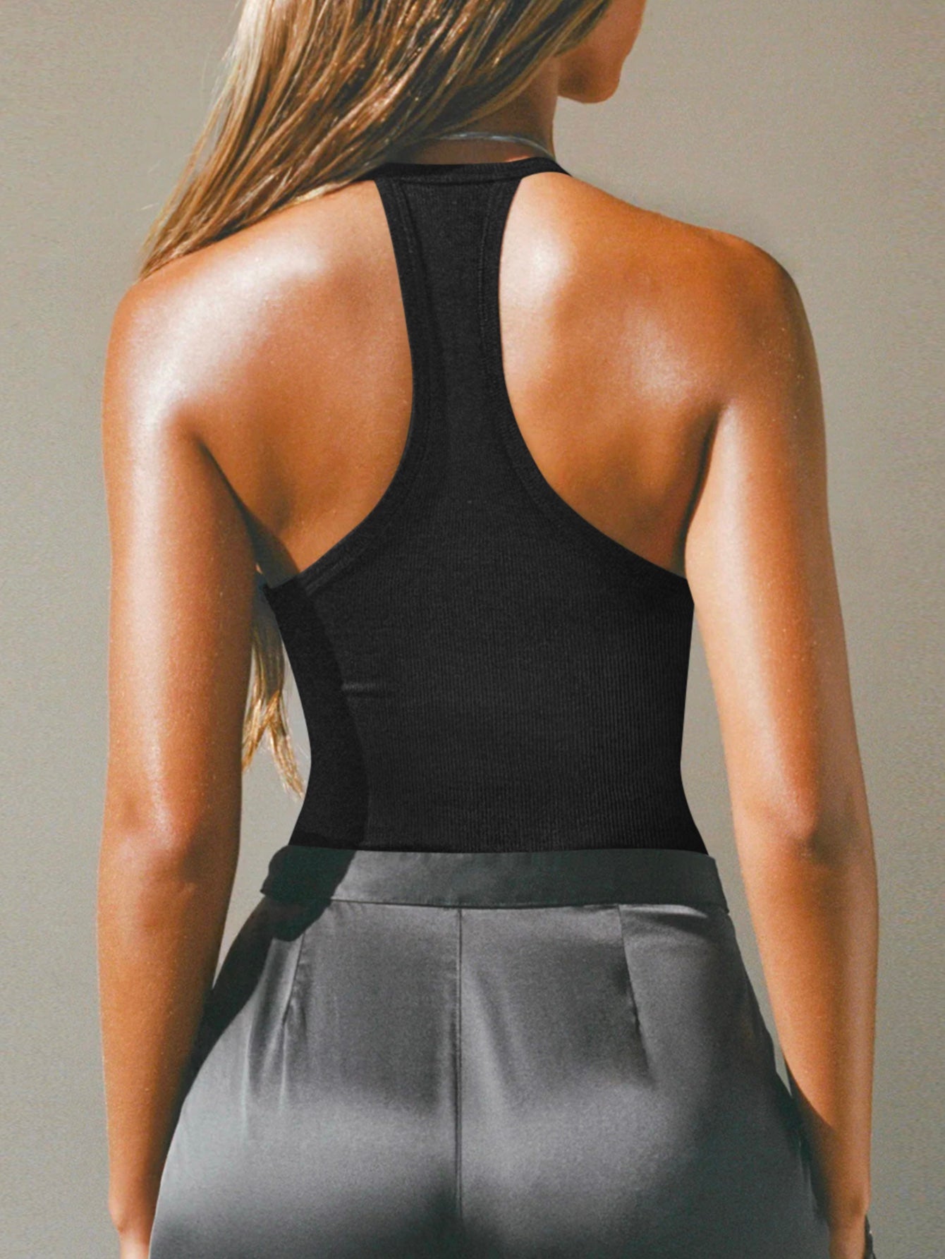 Halter Neck Cut-Out Front Deep V Ribbed Racerback Tank Top