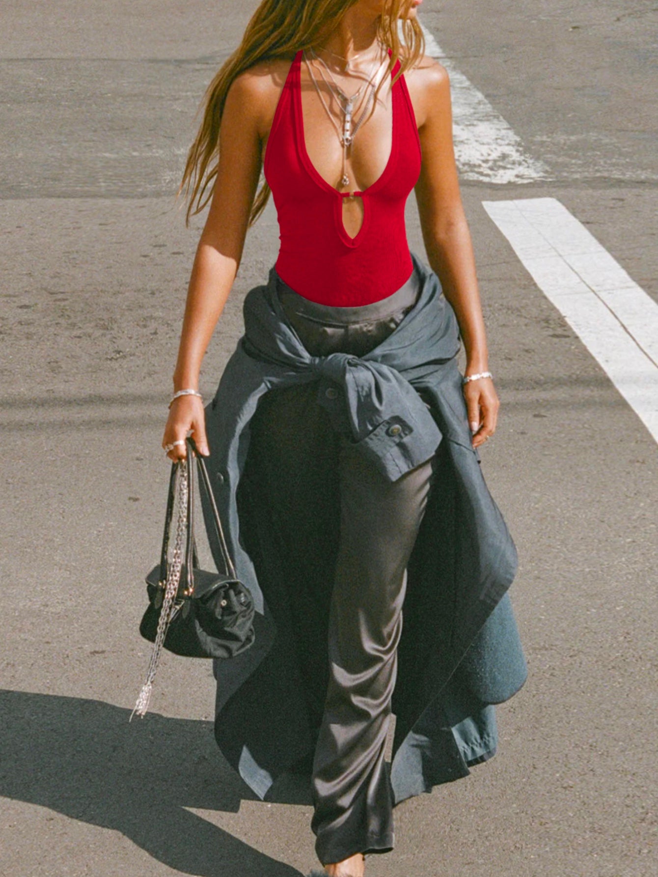 Halter Neck Cut-Out Front Deep V Ribbed Racerback Tank Top