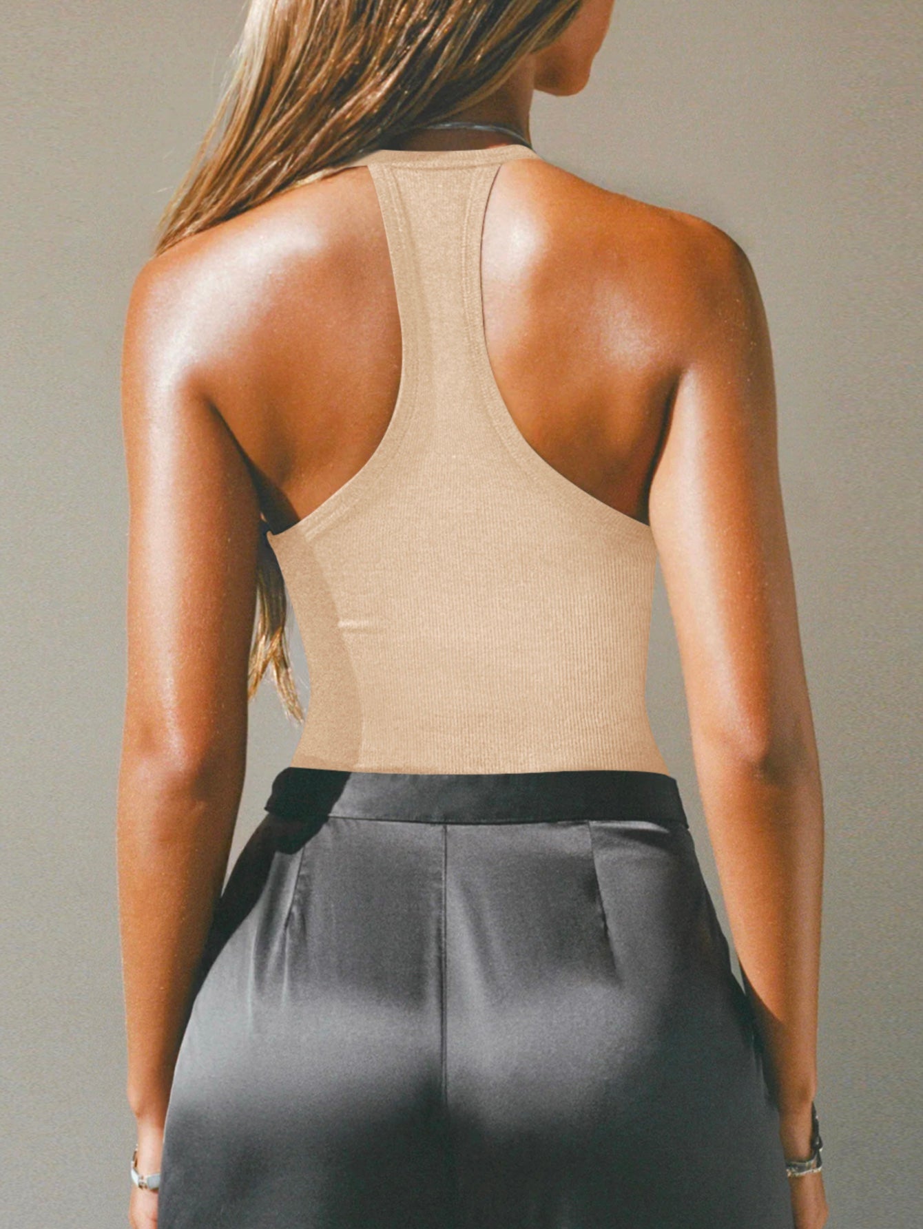 Halter Neck Cut-Out Front Deep V Ribbed Racerback Tank Top