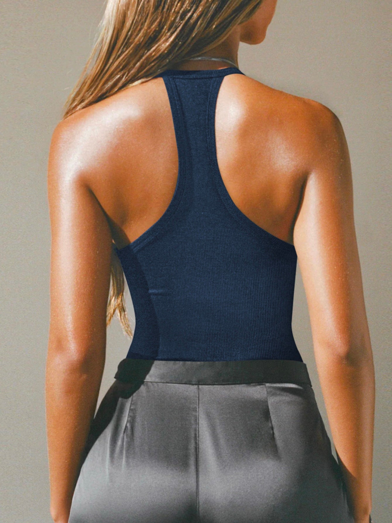 Halter Neck Cut-Out Front Deep V Ribbed Racerback Tank Top