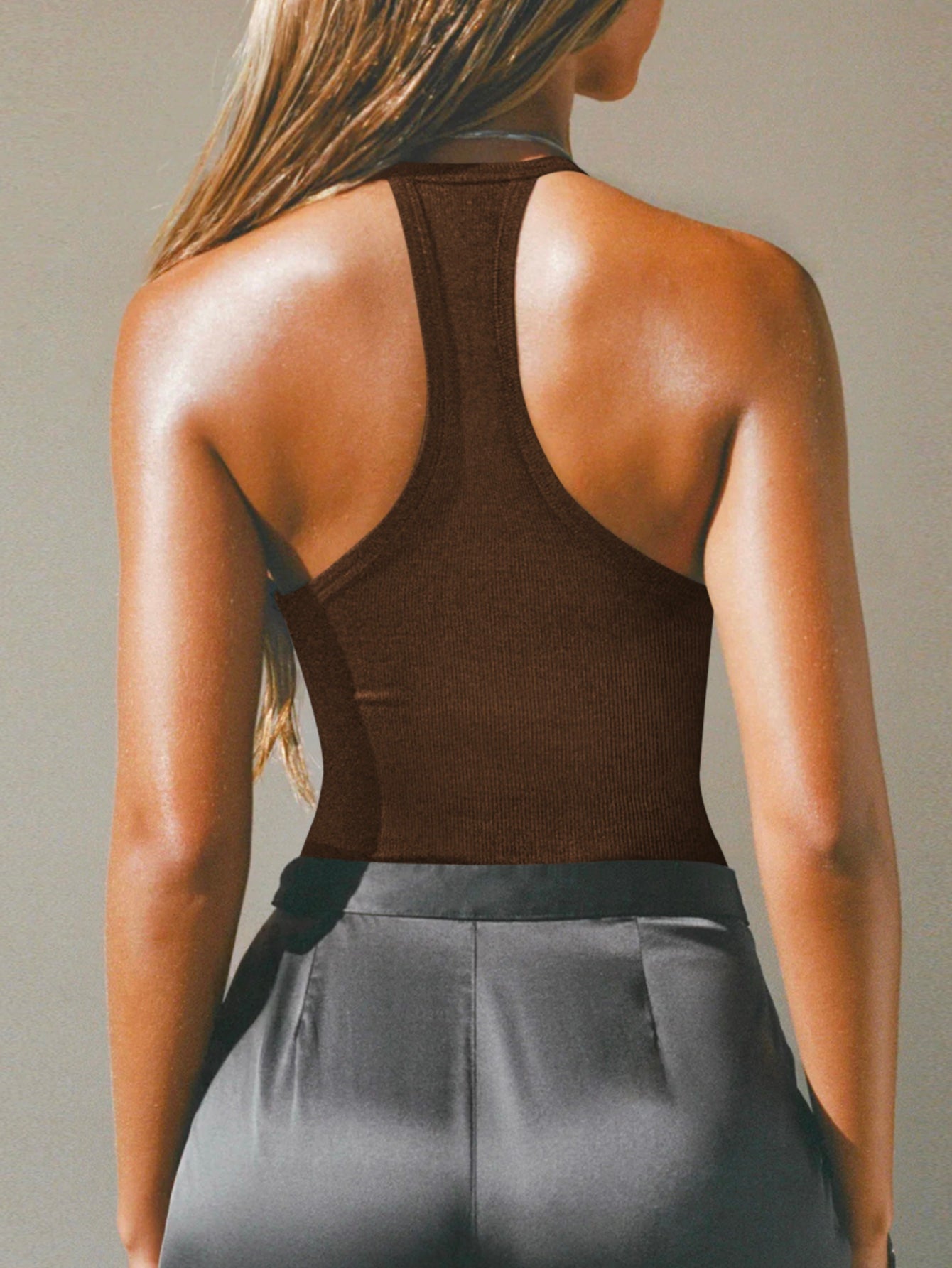 Halter Neck Cut-Out Front Deep V Ribbed Racerback Tank Top