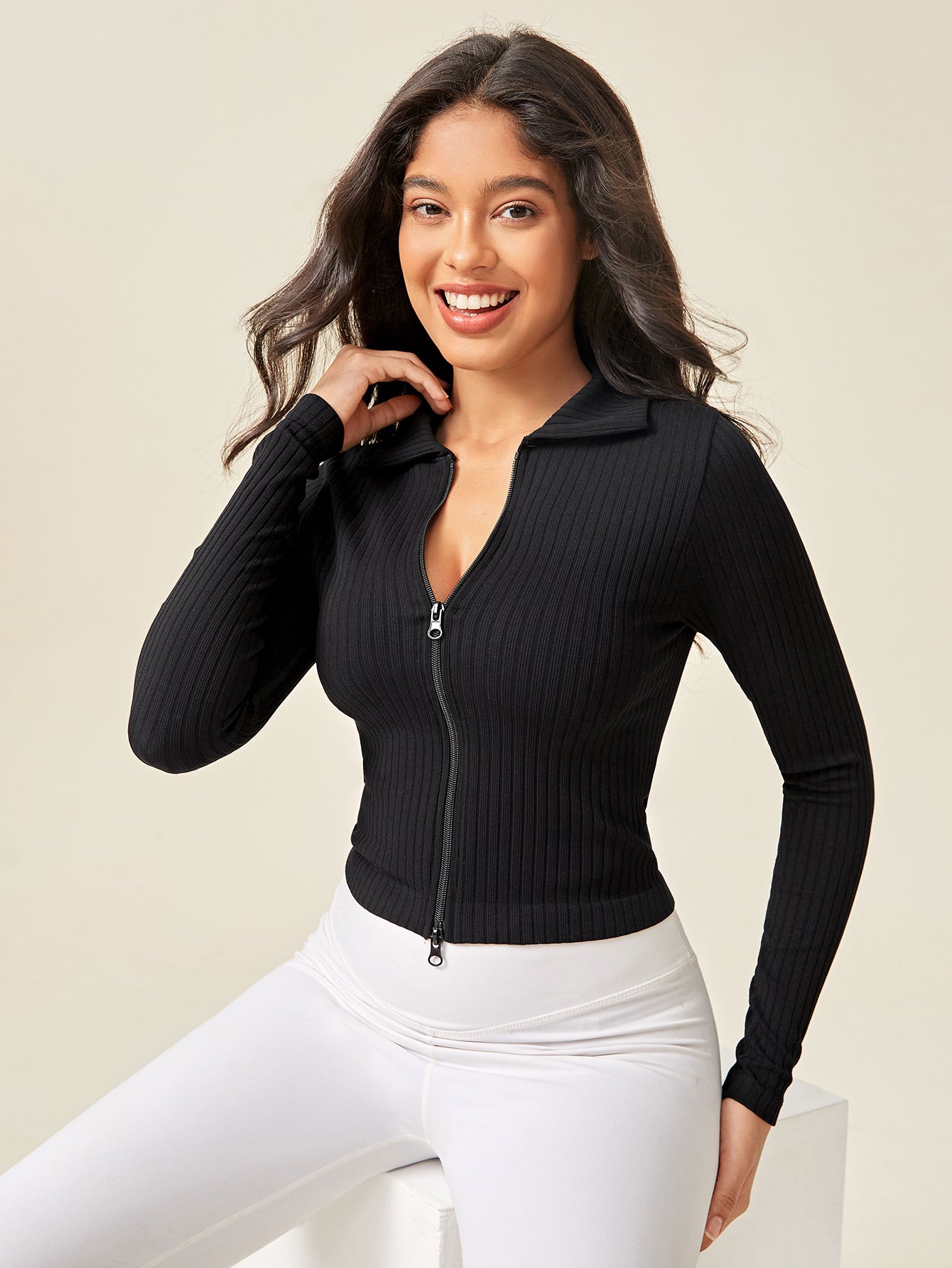 Women’s Seamless Rib-Knit Double-Zip Cropped Sports Jacket