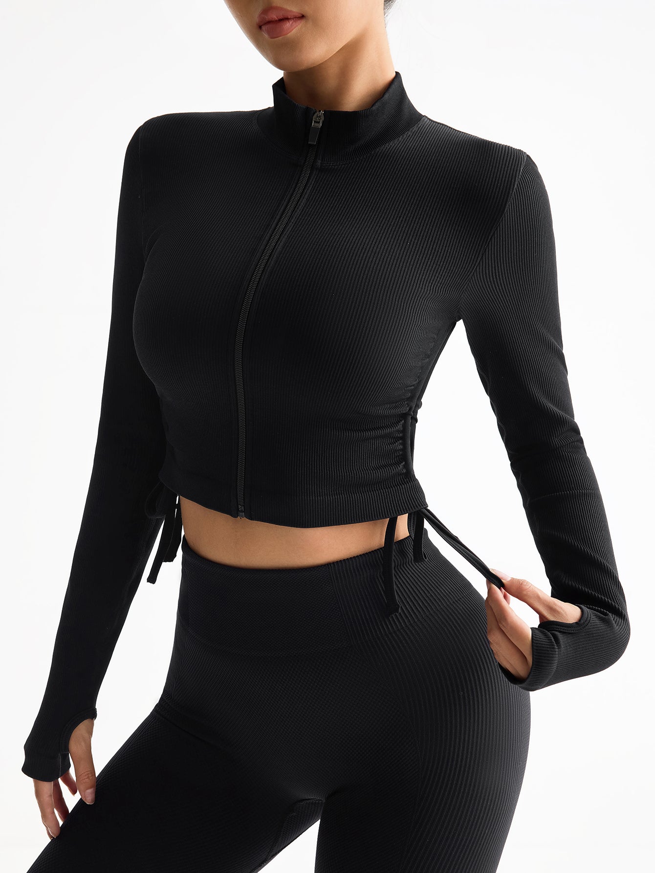 Women’s Rib-Knit Zip-Up Cropped Seamless Sport Jacket with Thumb Holes & Side Drawstring