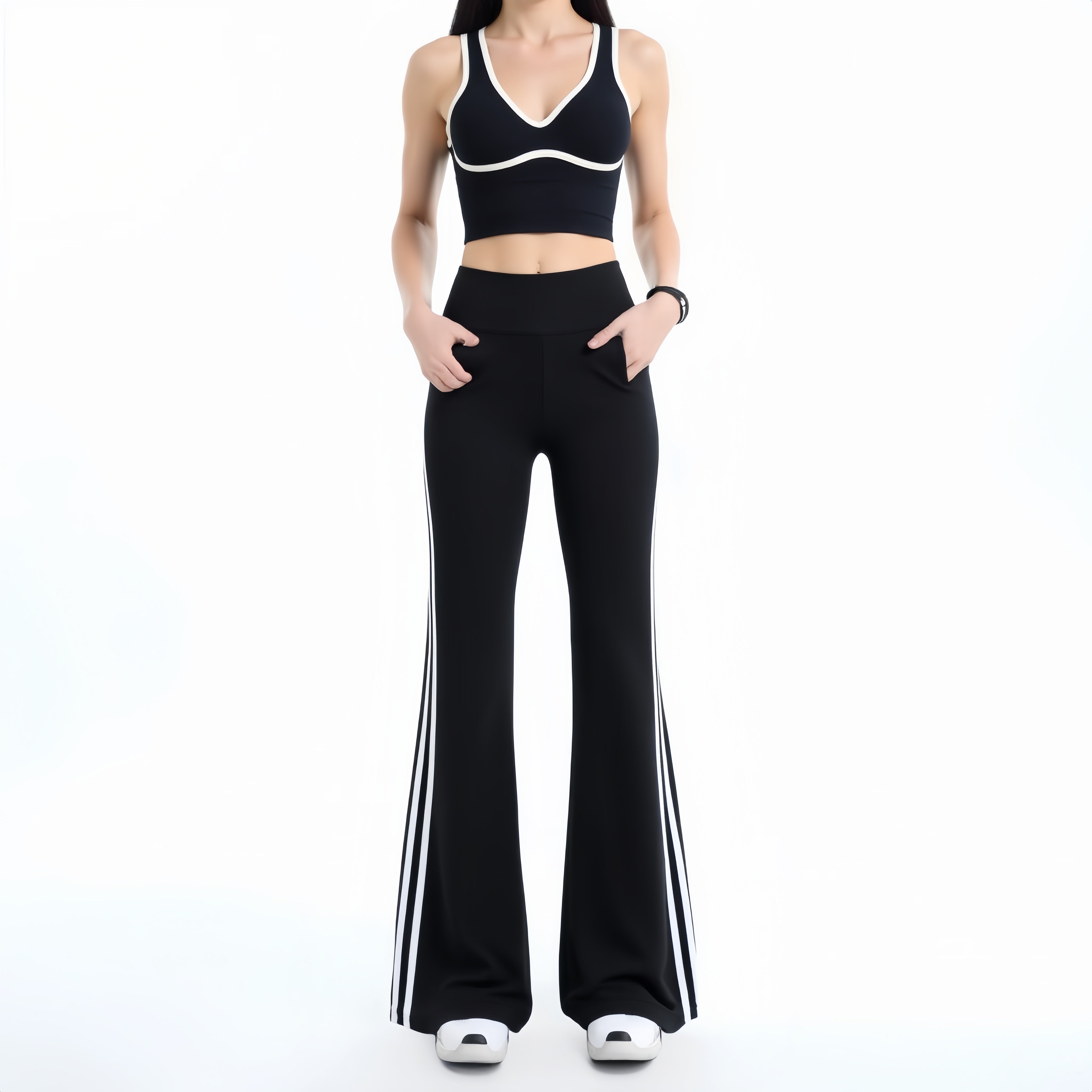 Women’s Chic Striped Contrast Sports Bra Top & High Waist Flare Yoga Pants Set