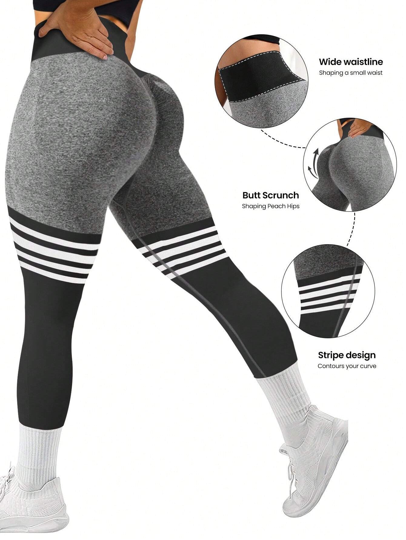 High Waist Side-Ribbed Scrunch Butt Stripe Print Leggings