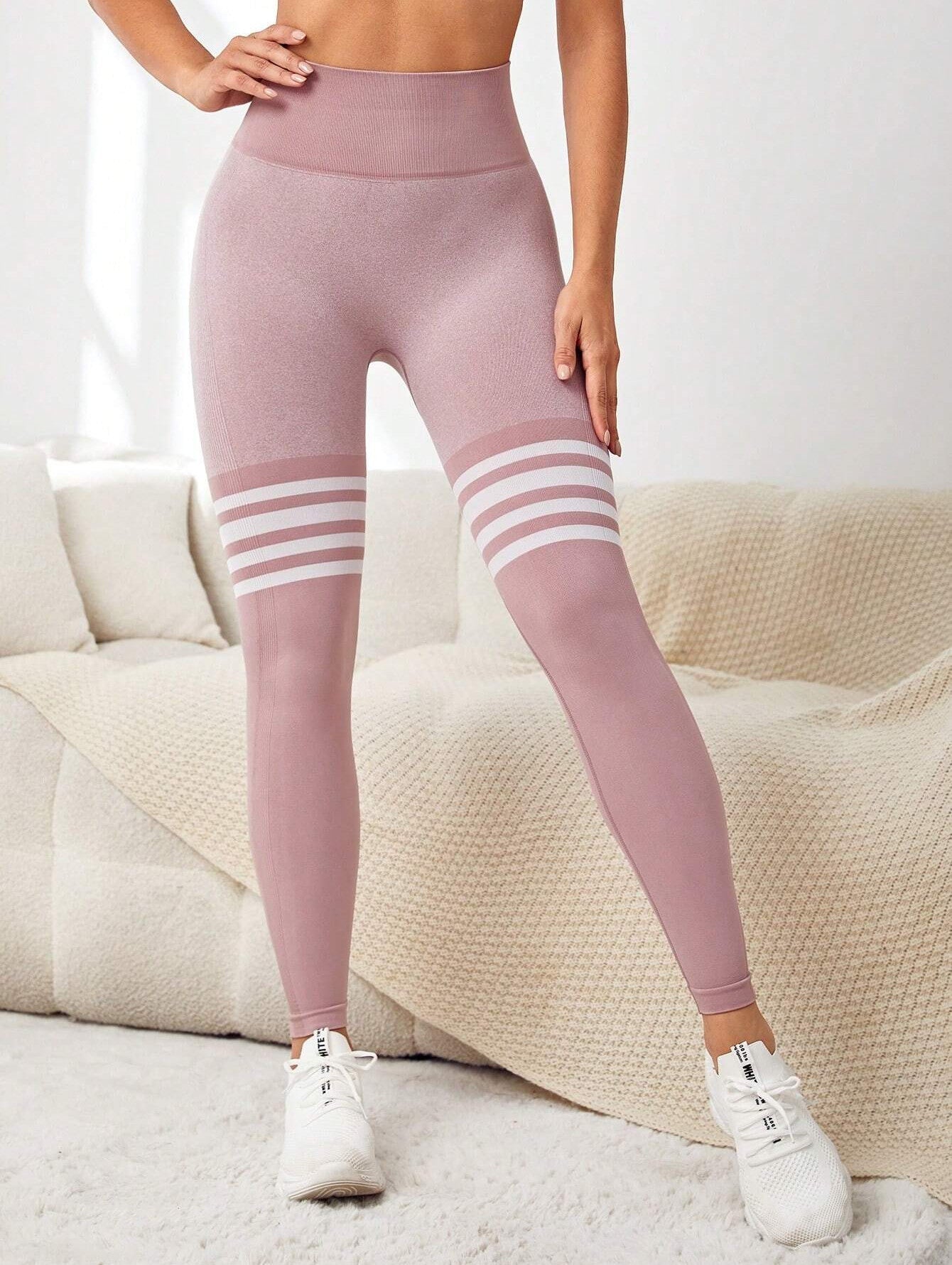 High Waist Side-Ribbed Scrunch Butt Stripe Print Leggings